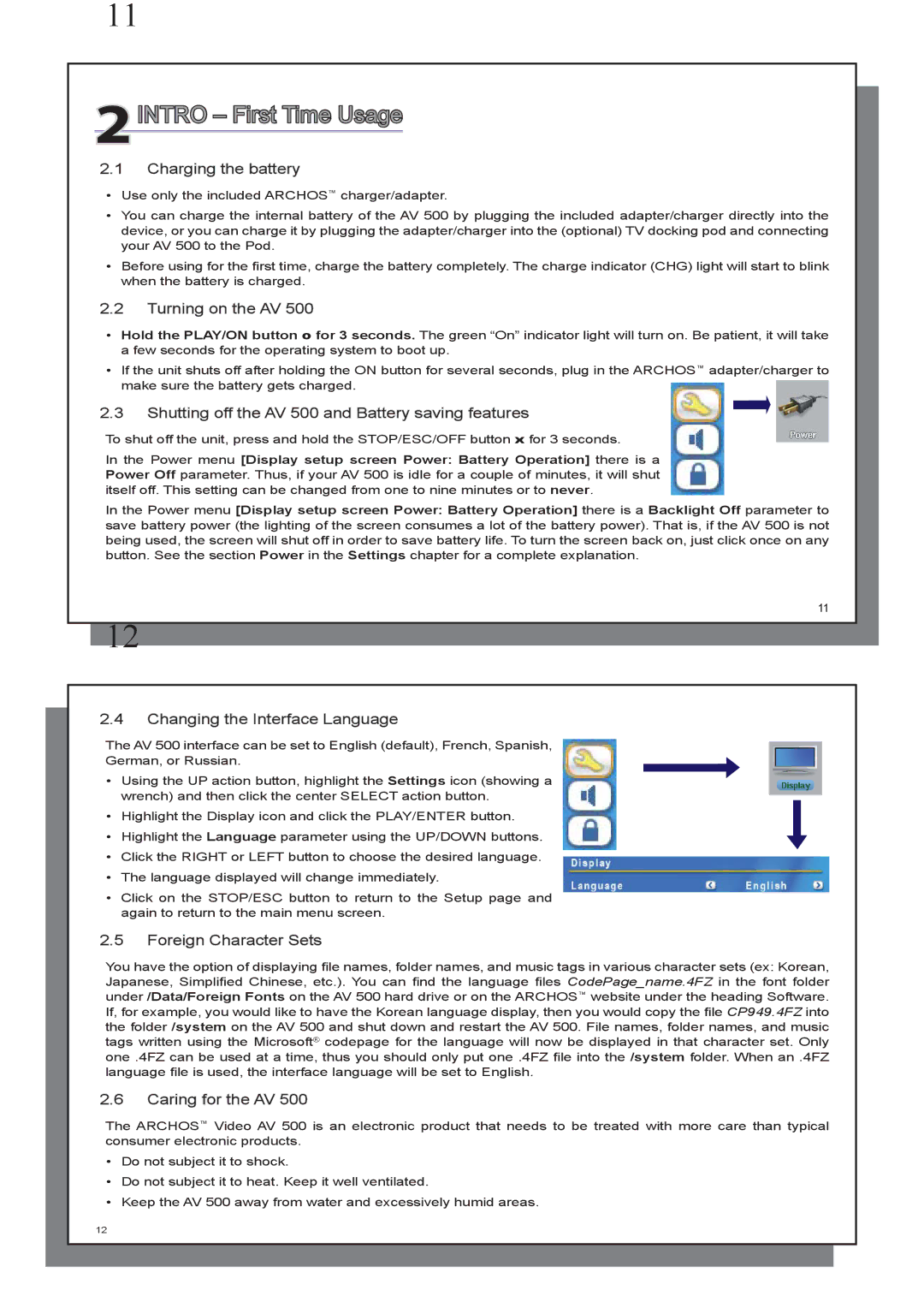 Archos AV 500 series user manual 2INTRO First Time Usage 