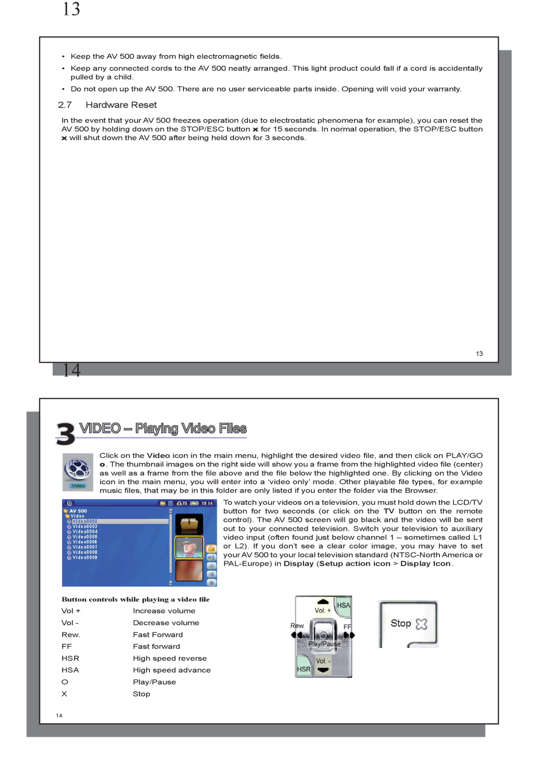 Archos AV 500 series user manual 3VIDEO Playing Video Files, Hardware Reset 