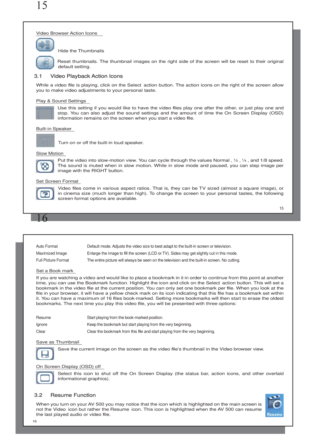 Archos AV 500 series user manual Video Playback Action Icons, Resume Function 