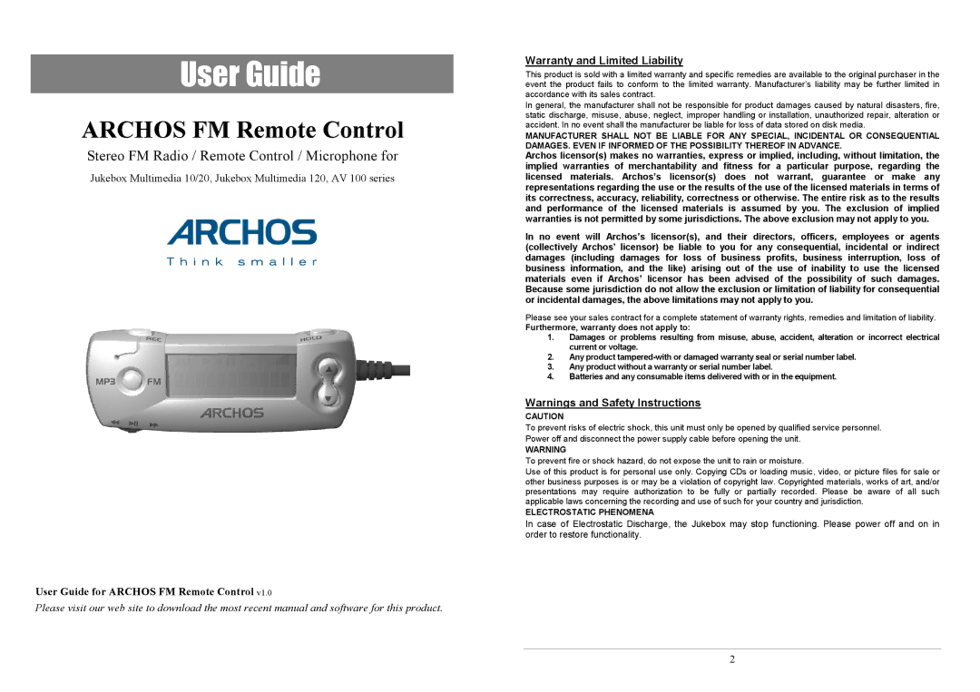 Archos AV100 warranty User Guide, Warranty and Limited Liability 