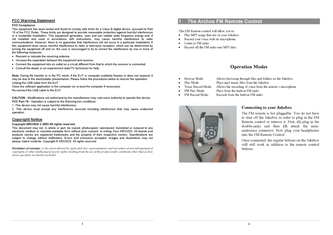 Archos AV100 warranty Archos FM Remote Control, FCC Warning Statement, Copyright Notice 