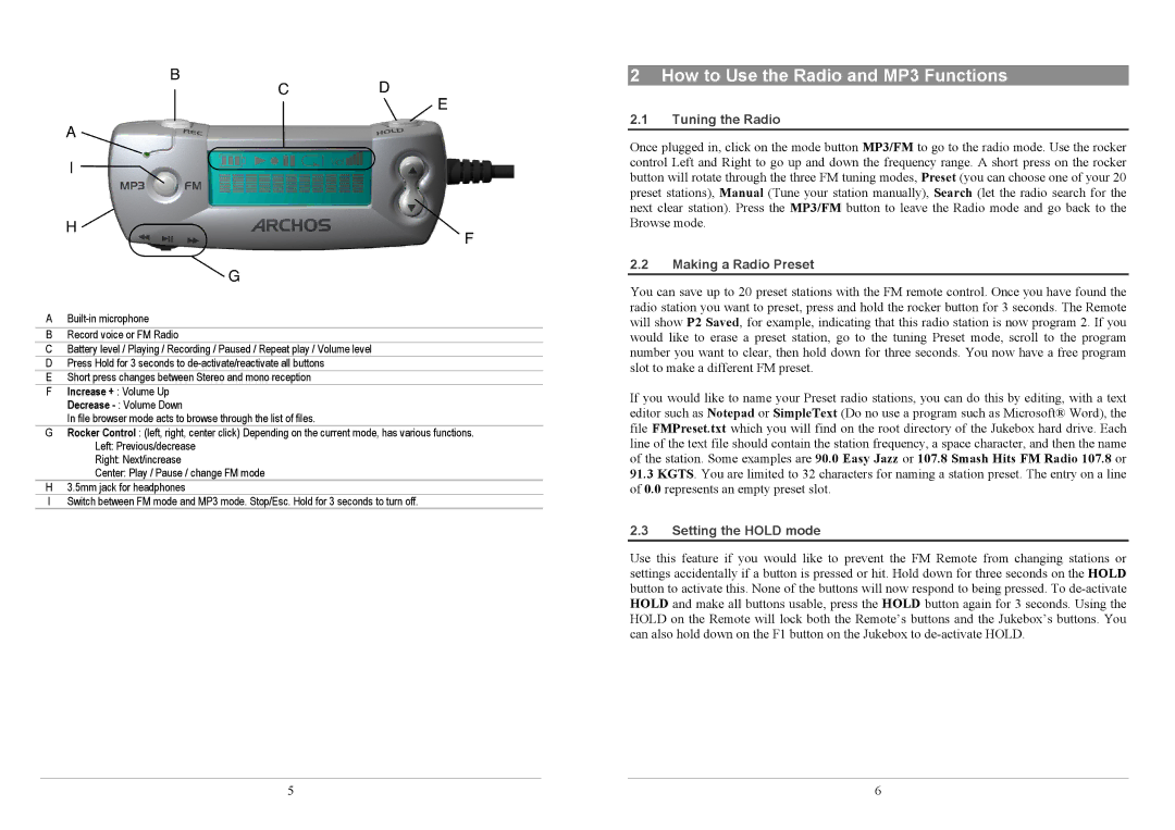 Archos AV100 How to Use the Radio and MP3 Functions, Tuning the Radio, Making a Radio Preset, Setting the Hold mode 