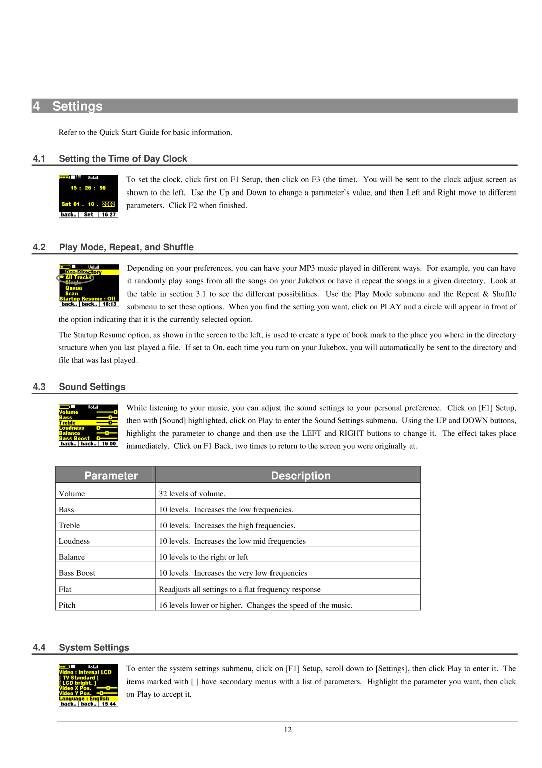 Archos AV140, 120 manual Setting the Time of Day Clock, Play Mode, Repeat, and Shuffle, Sound Settings, System Settings 