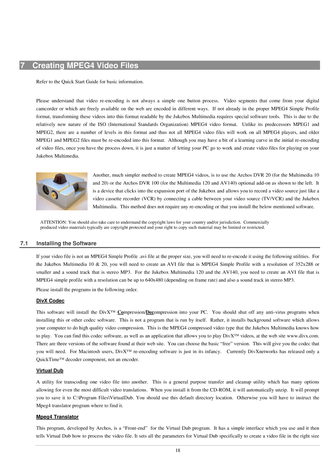 Archos AV140, 120 manual Creating MPEG4 Video Files, Installing the Software, DivX Codec Virtual Dub, Mpeg4 Translator 