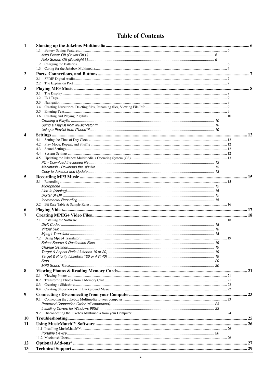 Archos AV140, 120 manual Table of Contents 