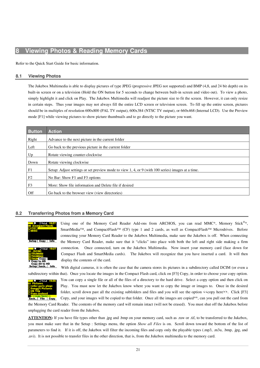 Archos AV140, 120 manual Viewing Photos & Reading Memory Cards, Transferring Photos from a Memory Card 