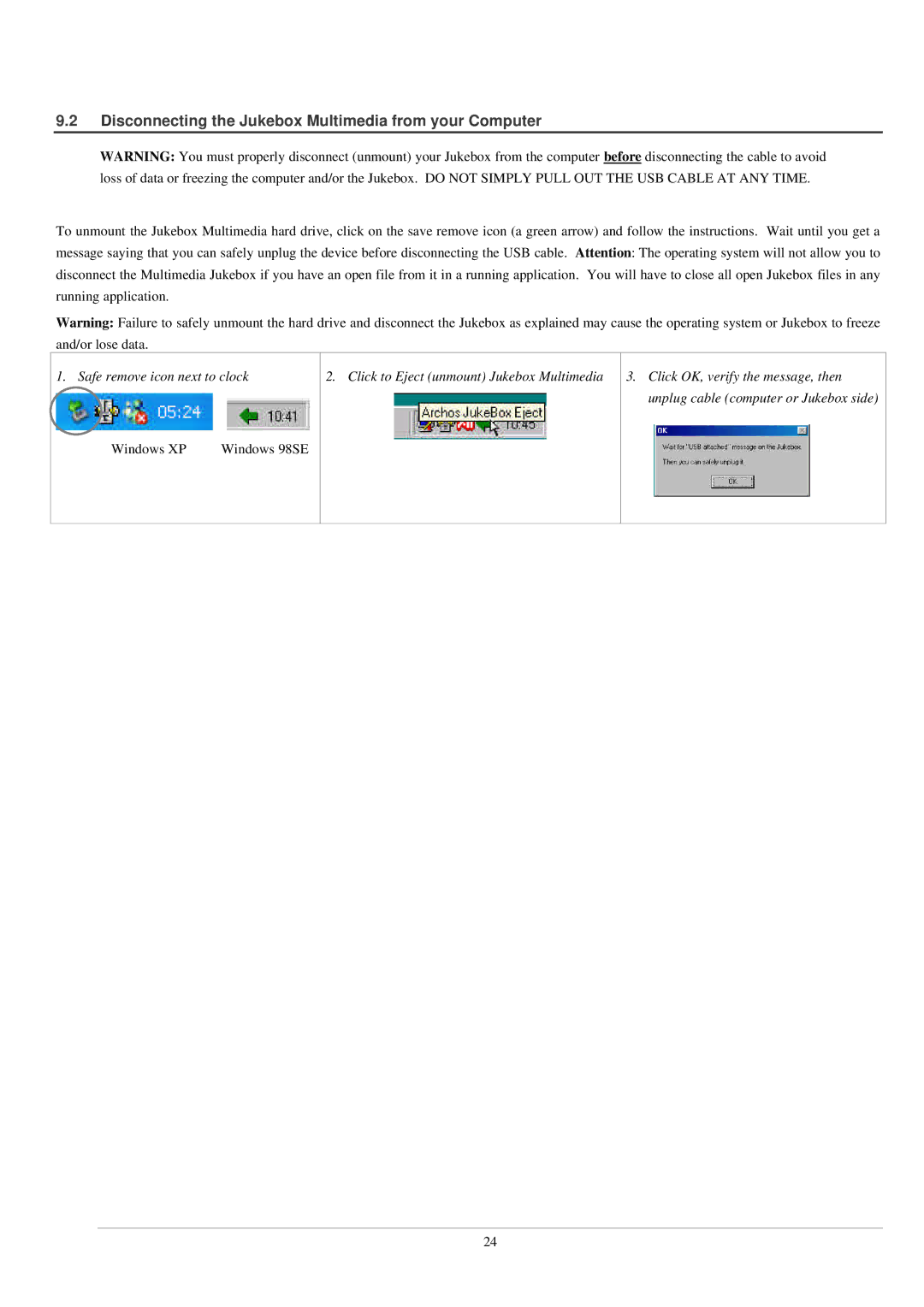 Archos AV140, 120 manual Disconnecting the Jukebox Multimedia from your Computer 