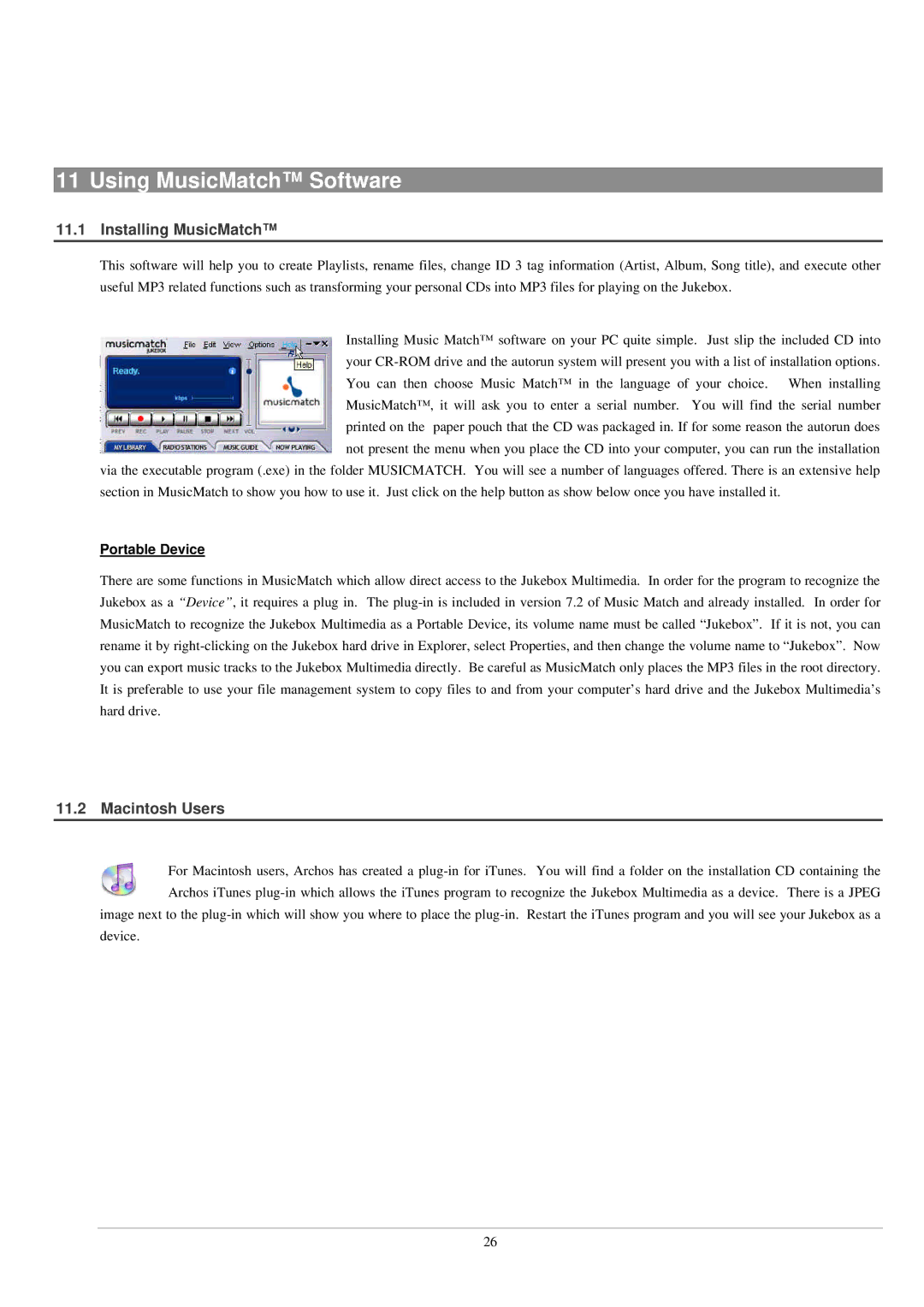 Archos AV140, 120 manual Using MusicMatch Software, Installing MusicMatch, Macintosh Users, Portable Device 