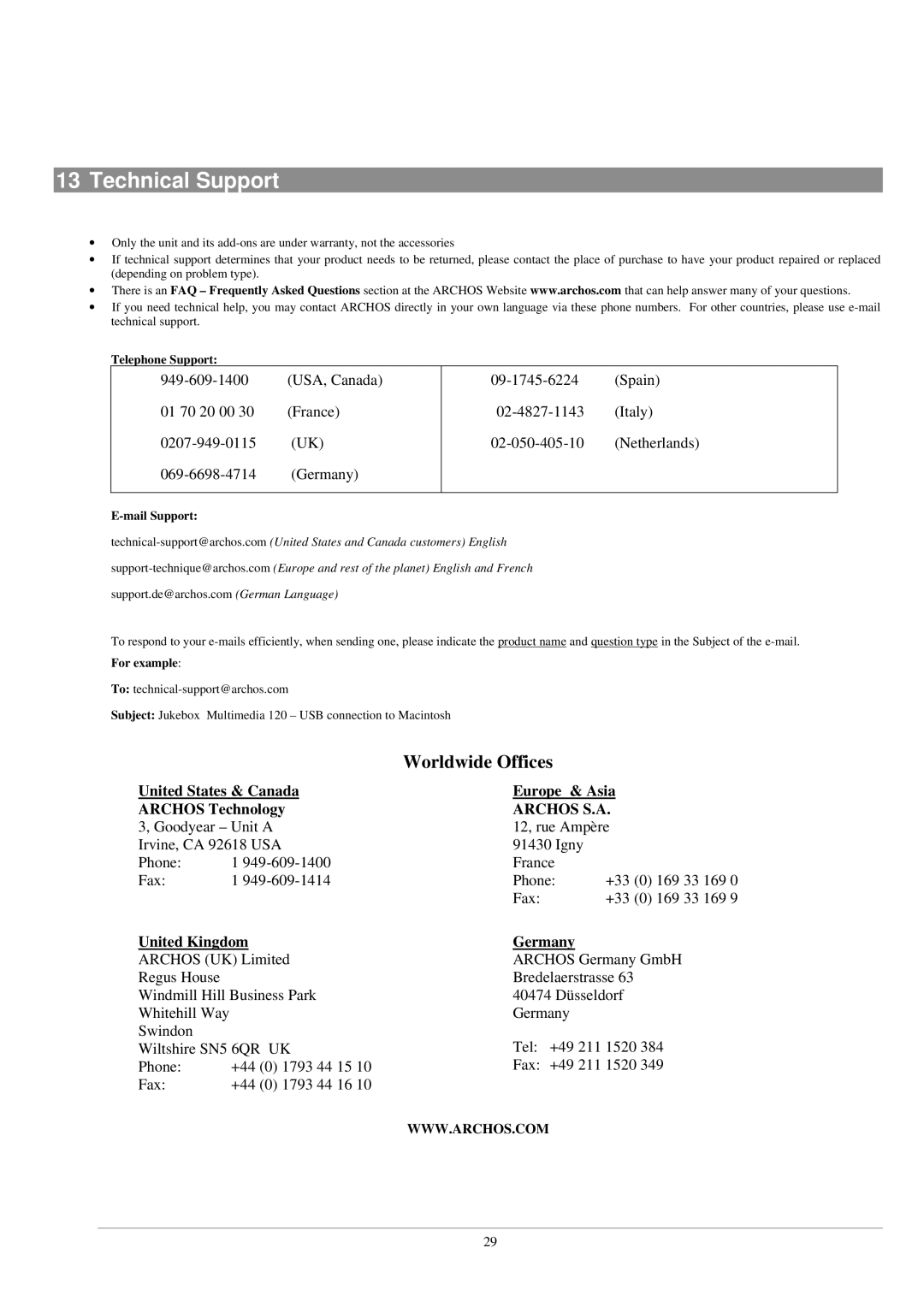 Archos AV140, 120 manual Technical Support, Mail Support 