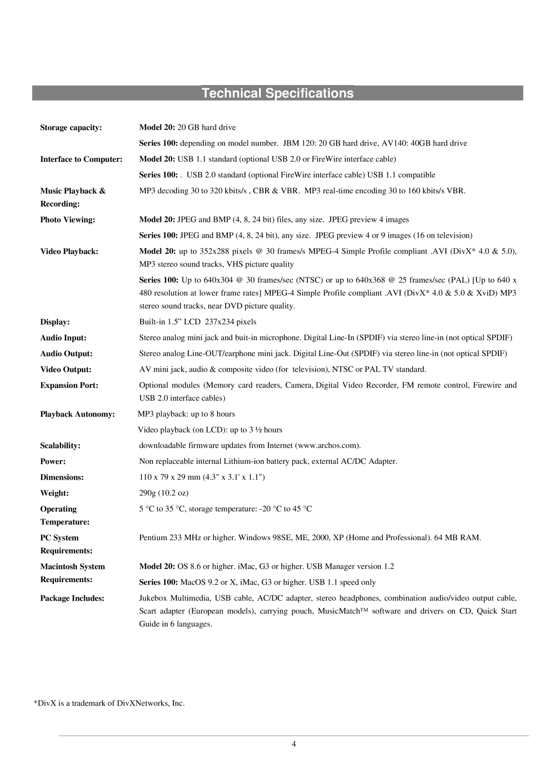 Archos 120, AV140 manual Technical Specifications, Storage capacity 