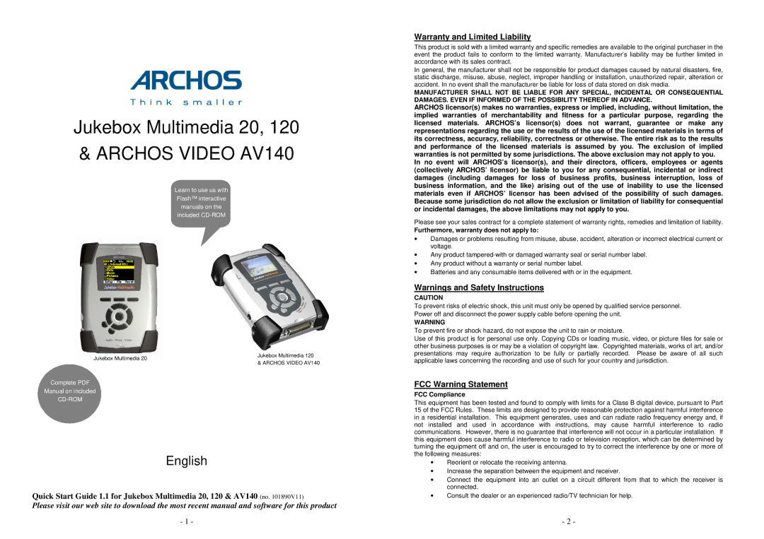 Archos AV140 warranty Warranty and Limited Liability, FCC Warning Statement, Furthermore, warranty does not apply to 