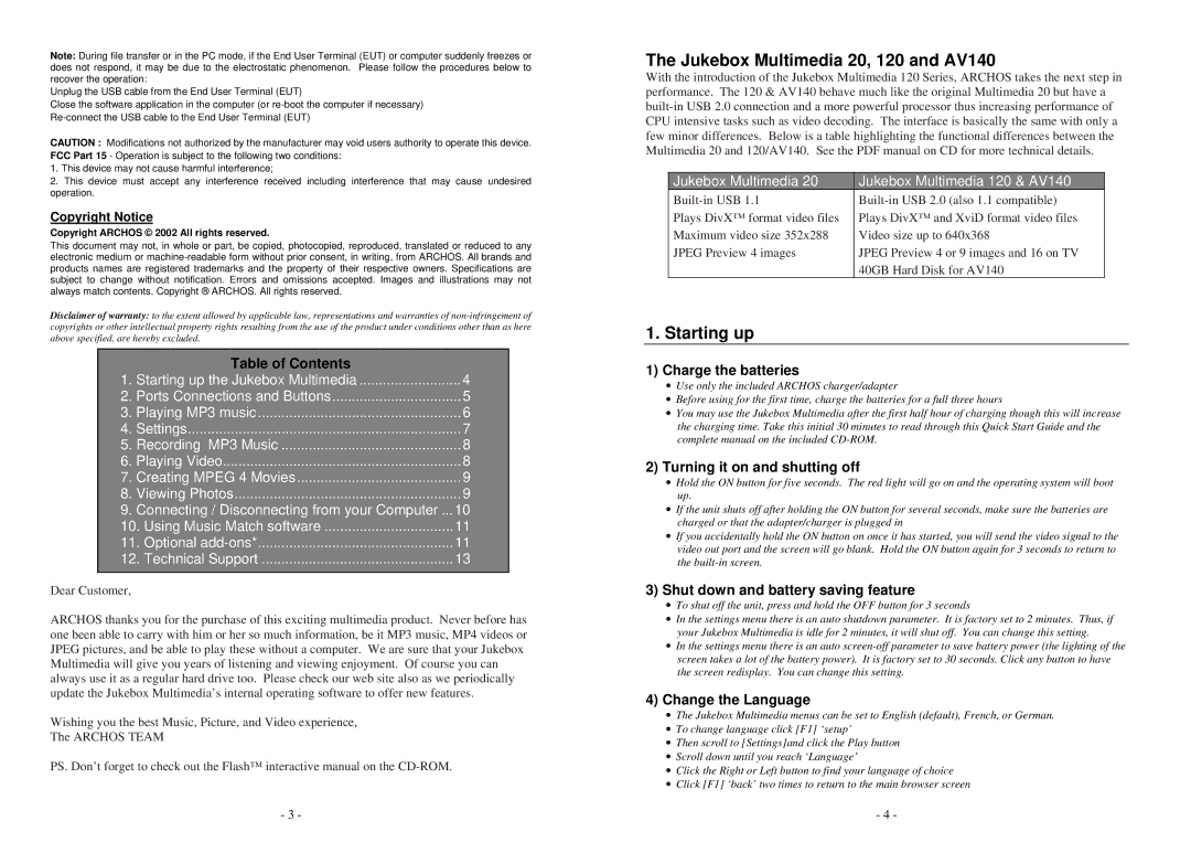 Archos warranty Jukebox Multimedia 20, 120 and AV140, Starting up, Table of Contents 