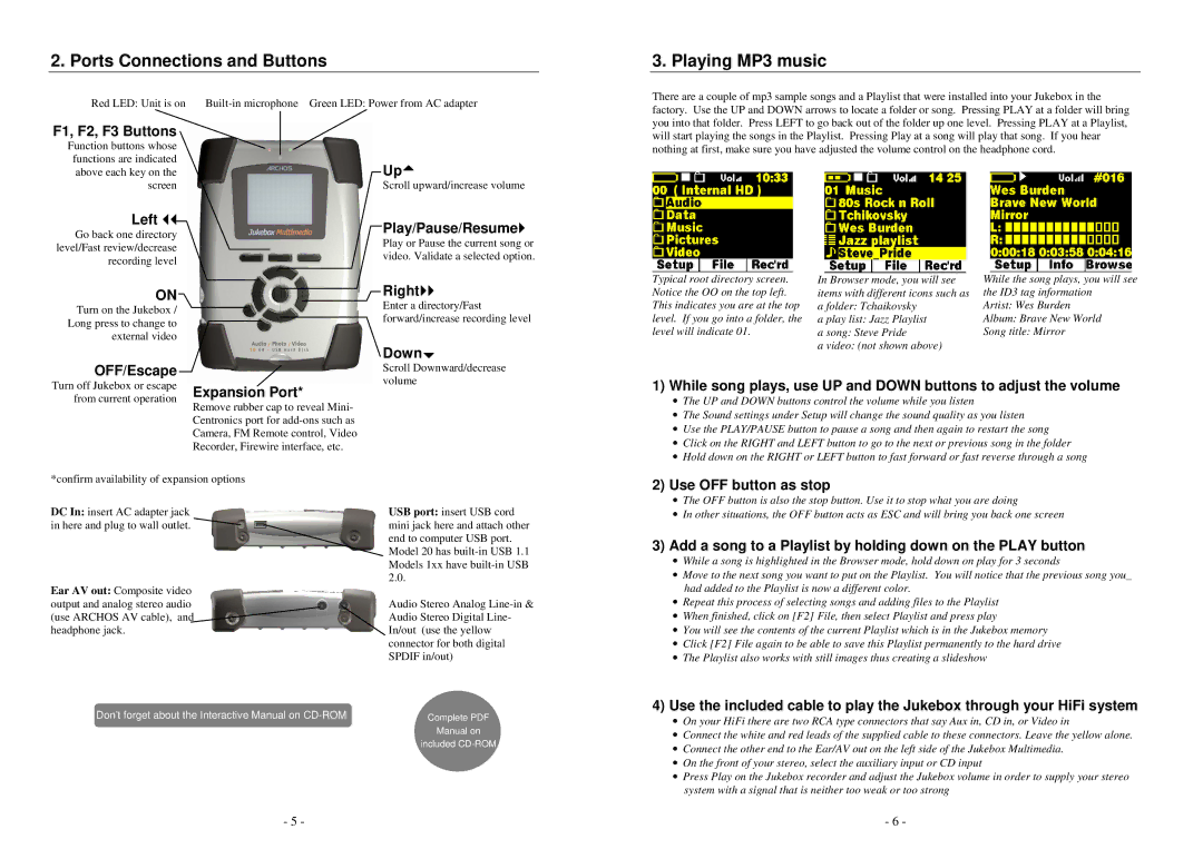 Archos AV140 warranty Ports Connections and Buttons, Playing MP3 music 