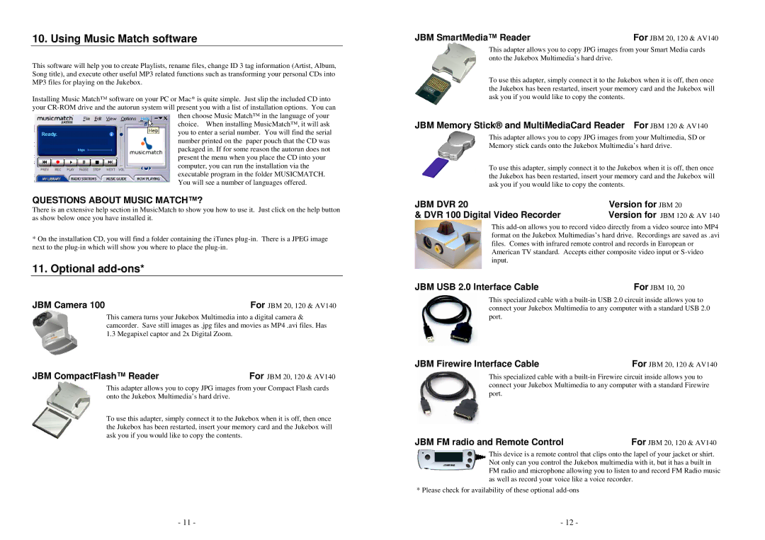 Archos AV140 warranty Using Music Match software, Optional add-ons 