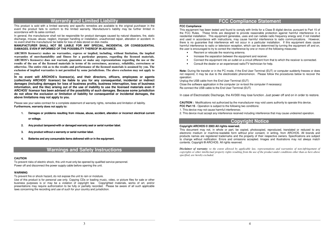 Archos AV300 Series manual Warranty and Limited Liability, FCC Compliance Statement, Copyright Notice 