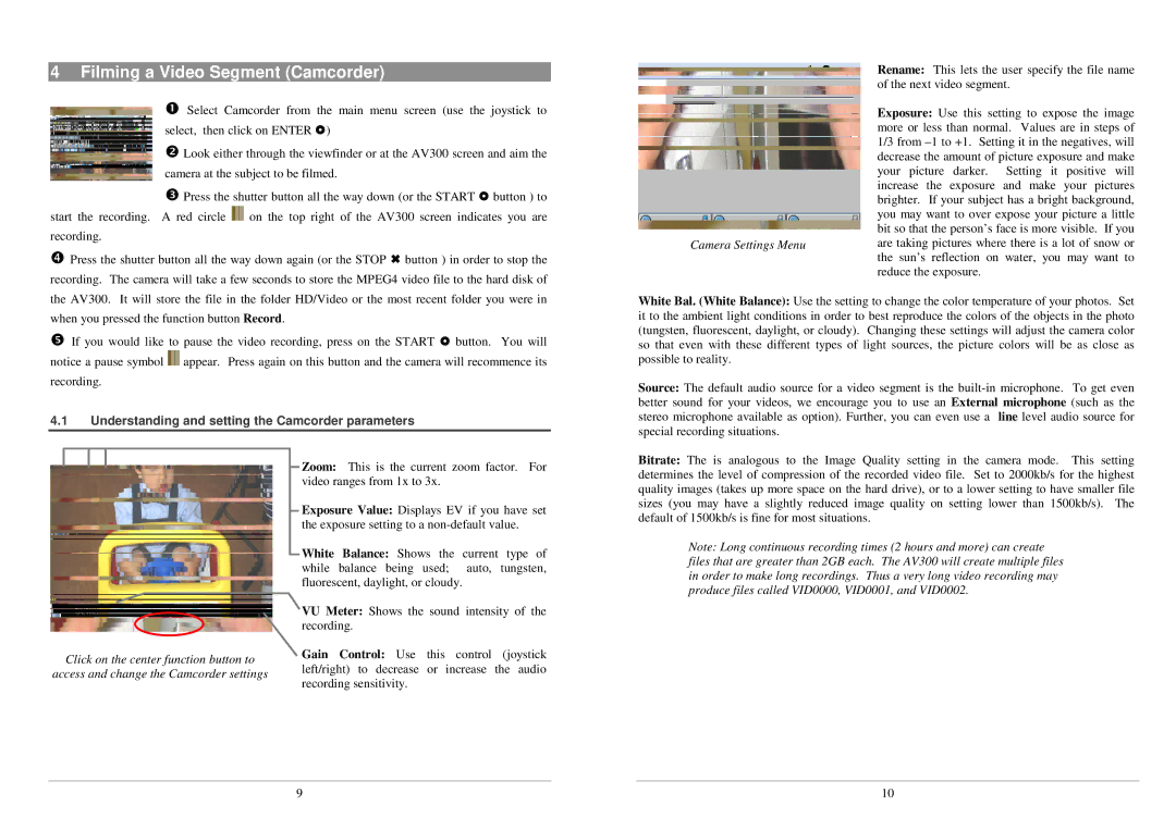 Archos AV300 Series manual Filming a Video Segment Camcorder, Understanding and setting the Camcorder parameters 