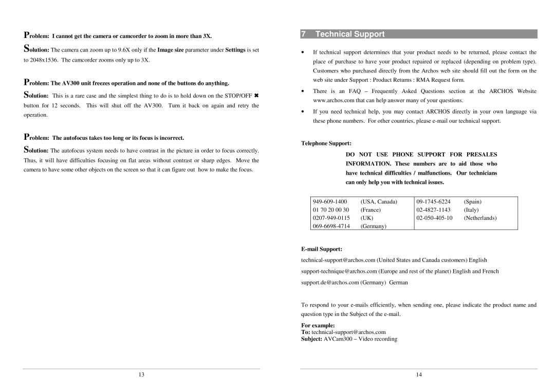 Archos AV300 Series manual Technical Support, Mail Support, For example 