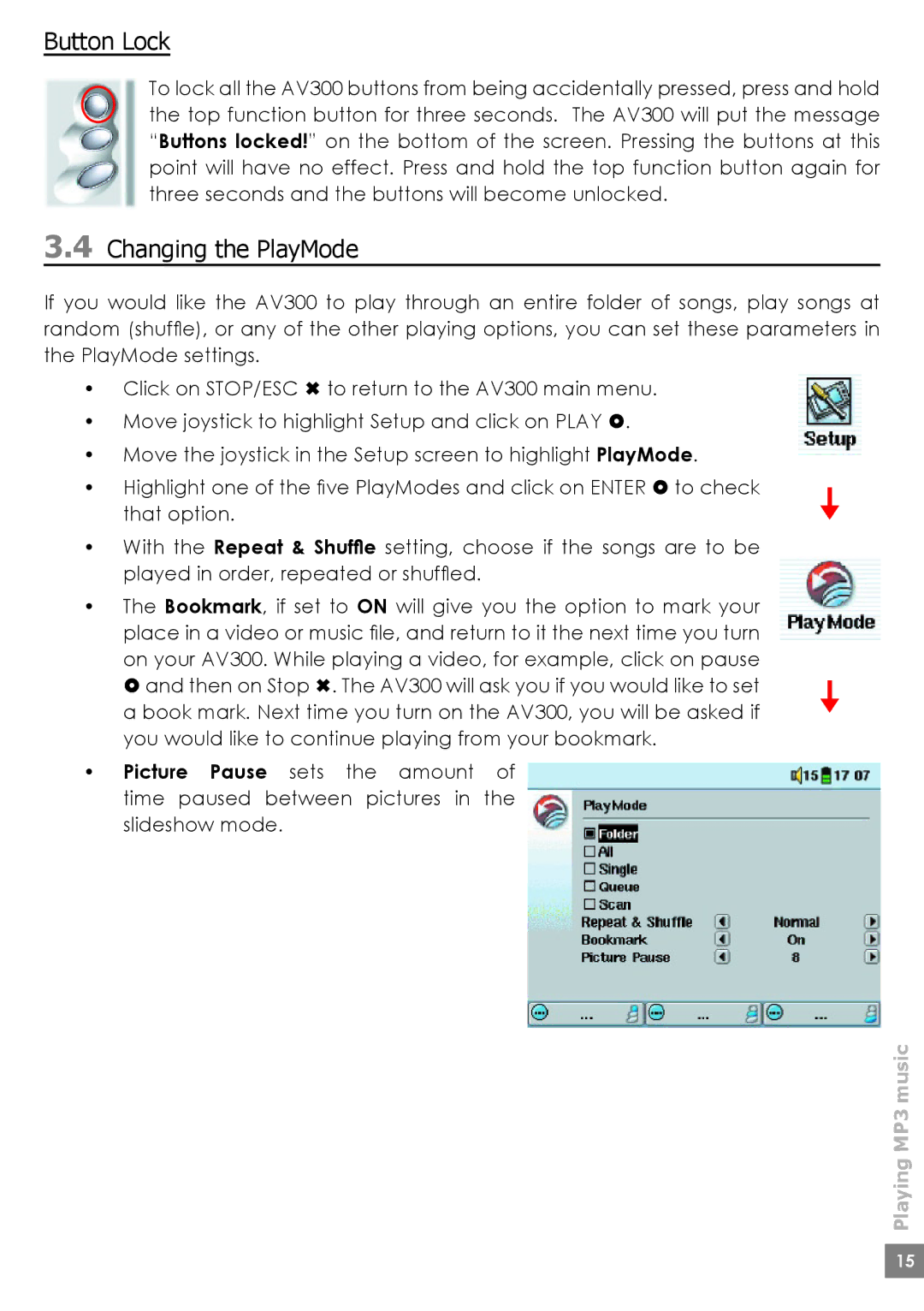 Archos AV320, AV380, AV340 user manual Button Lock, Changing the PlayMode 