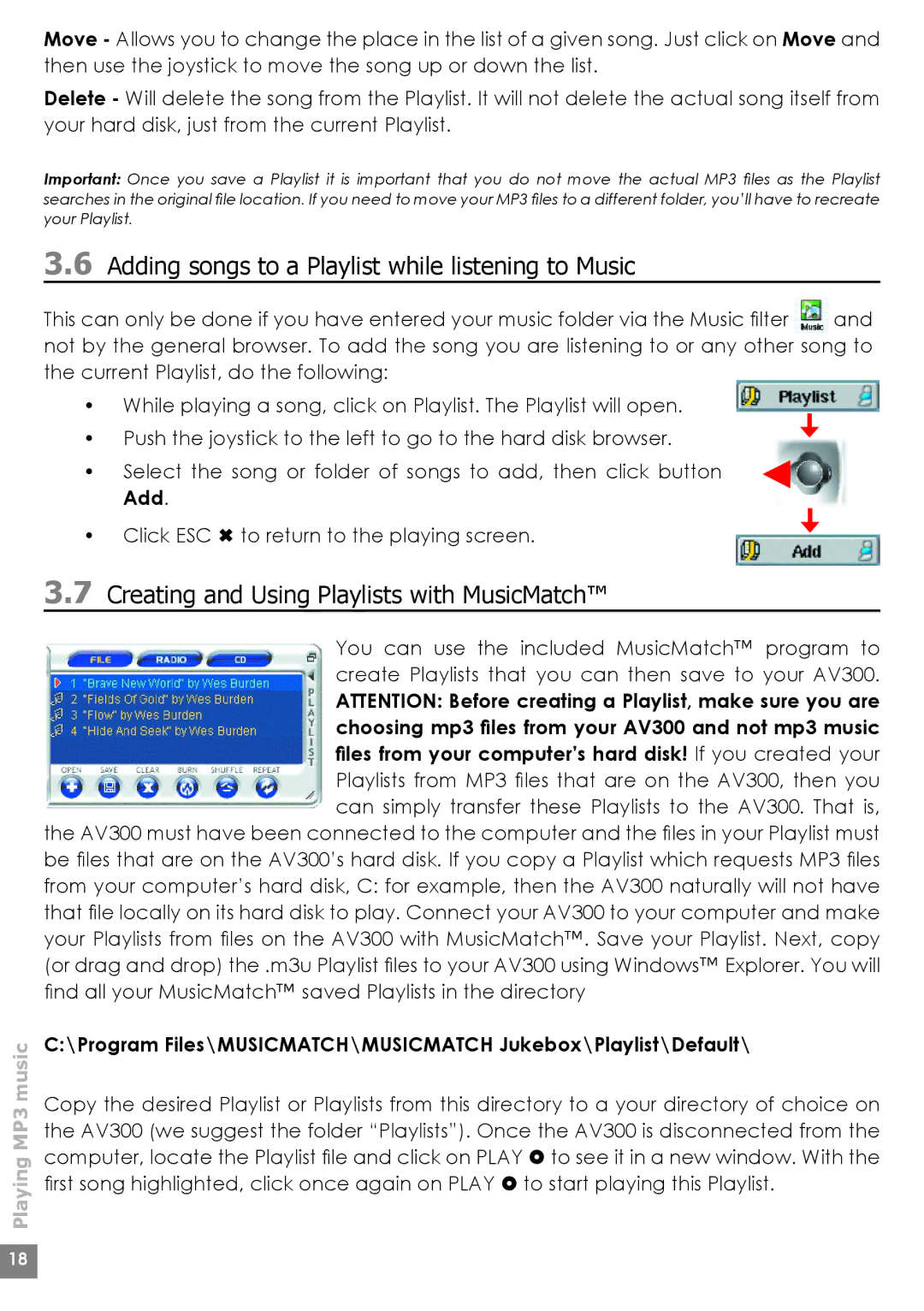 Archos AV320, AV380 Adding songs to a Playlist while listening to Music, Creating and Using Playlists with MusicMatch 