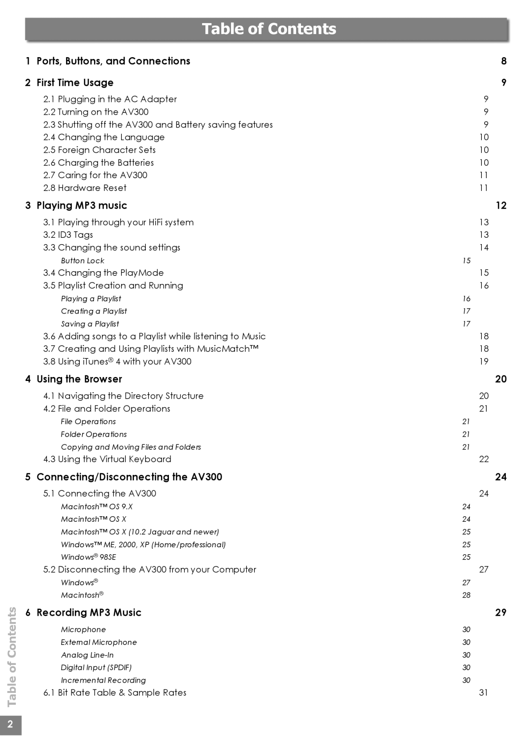 Archos AV340, AV320, AV380 user manual Table of Contents 