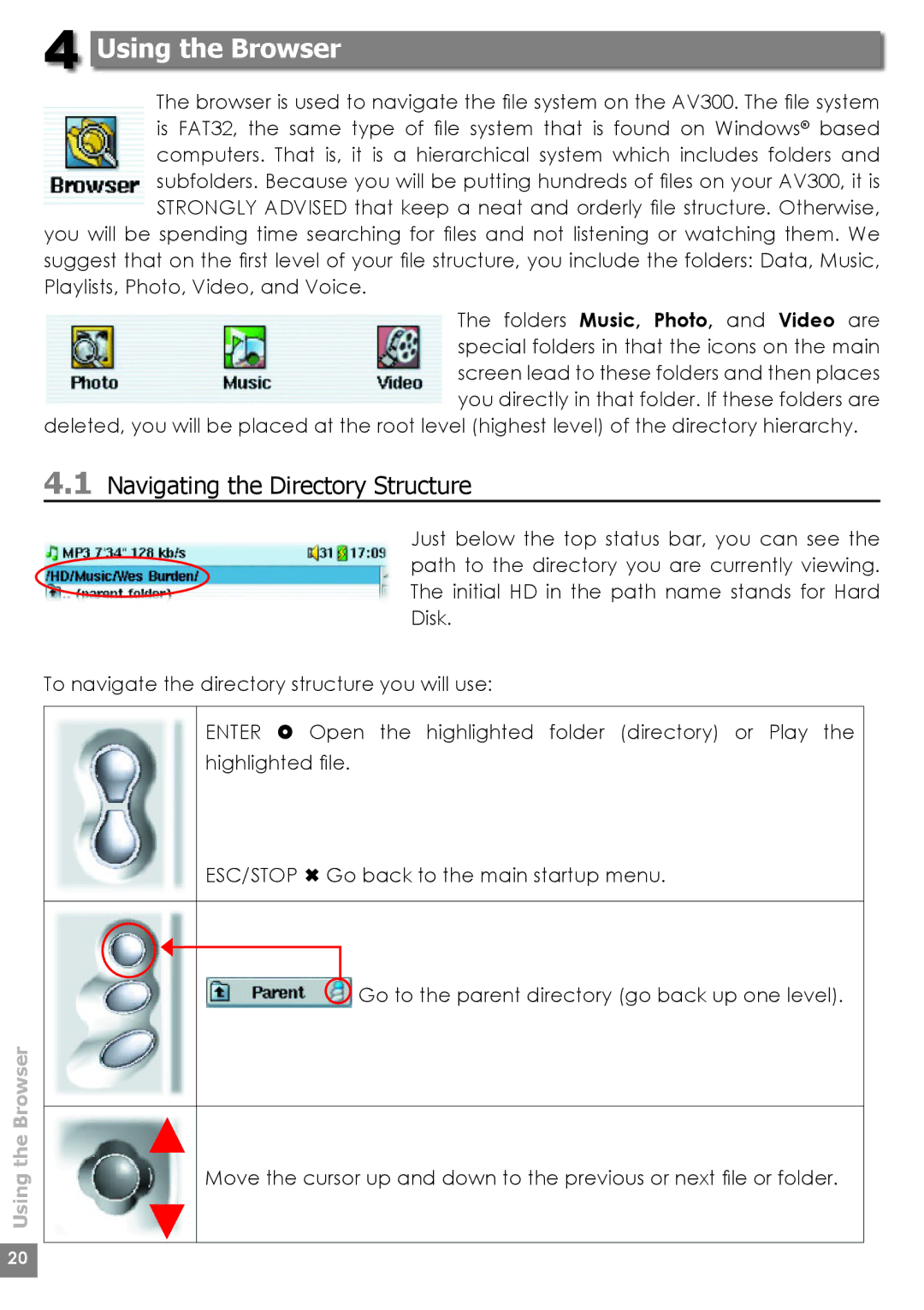 Archos AV340, AV320, AV380 user manual Using the Browser, Navigating the Directory Structure 