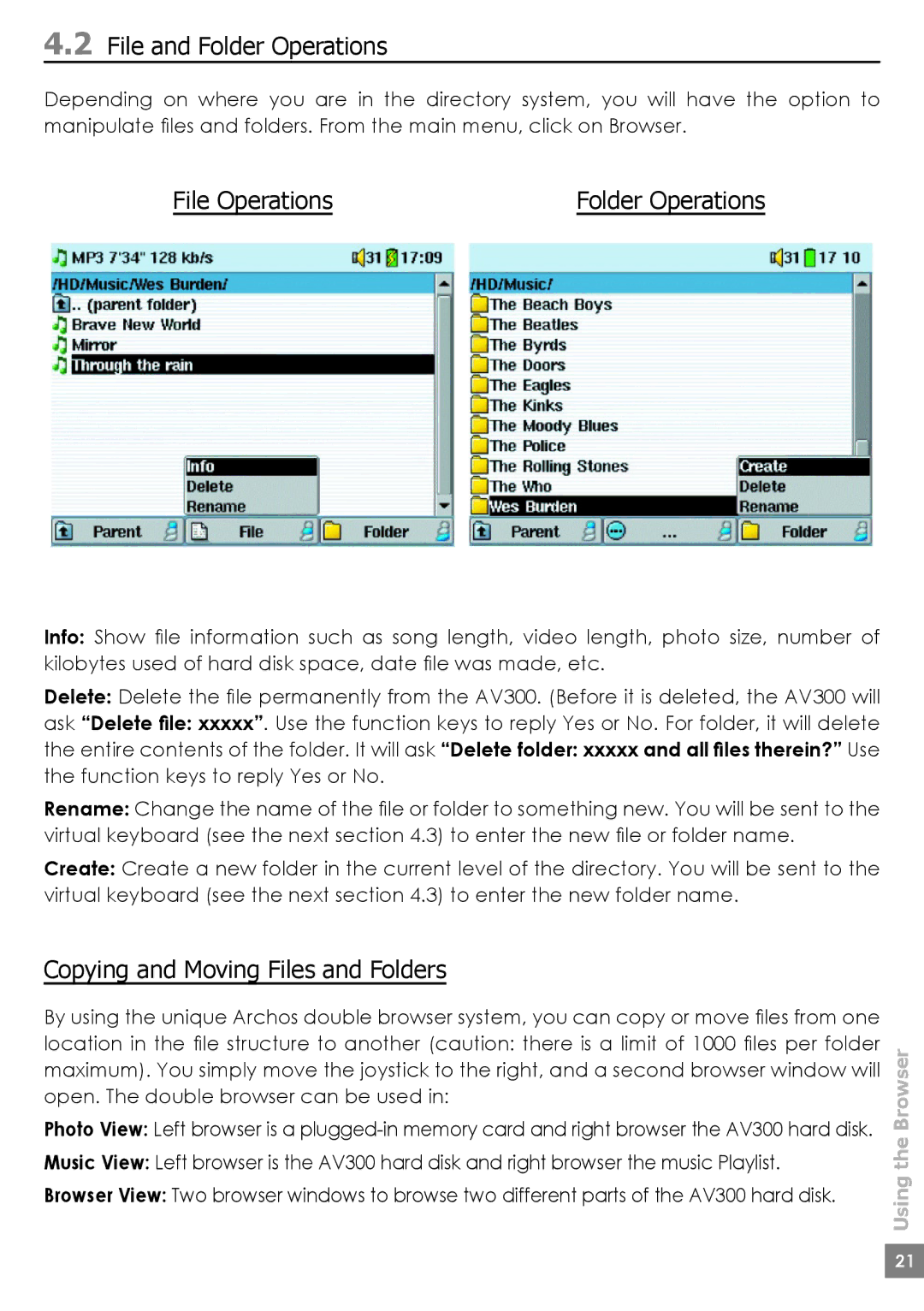 Archos AV320, AV380 File and Folder Operations, File Operations Folder Operations, Copying and Moving Files and Folders 