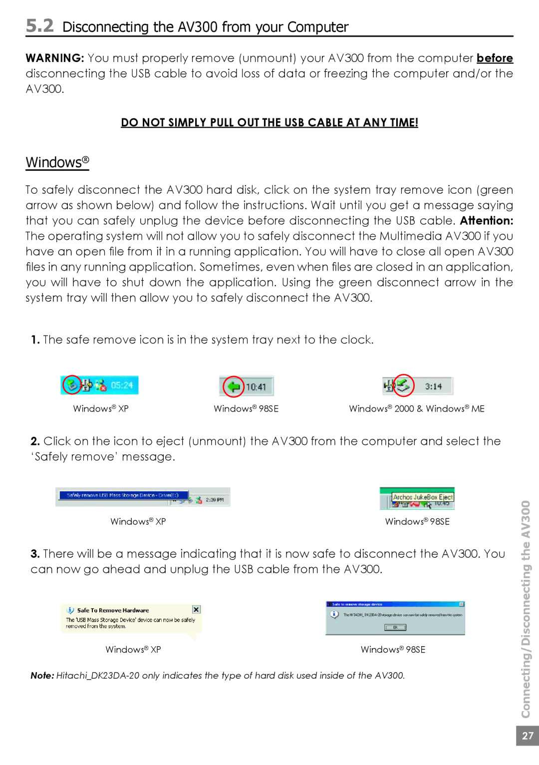 Archos AV320, AV380, AV340 user manual Disconnecting the AV300 from your Computer, Windows 