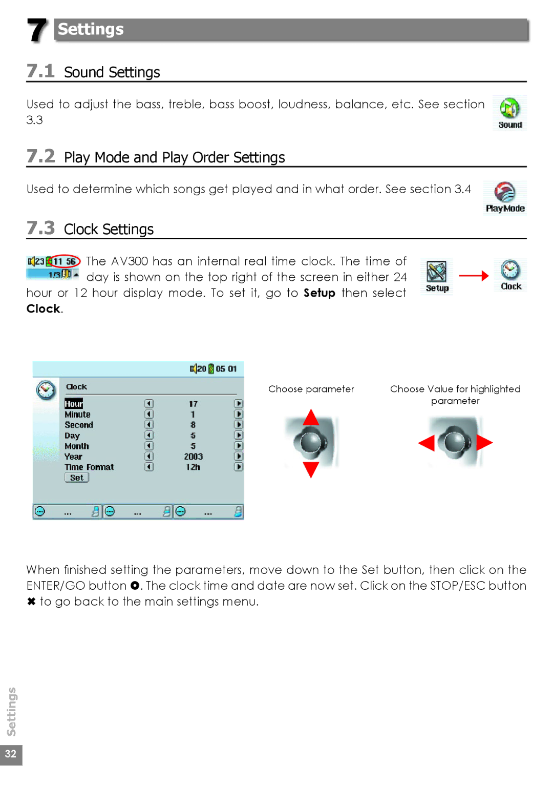 Archos AV340, AV320, AV380 user manual Sound Settings, Play Mode and Play Order Settings, Clock Settings 