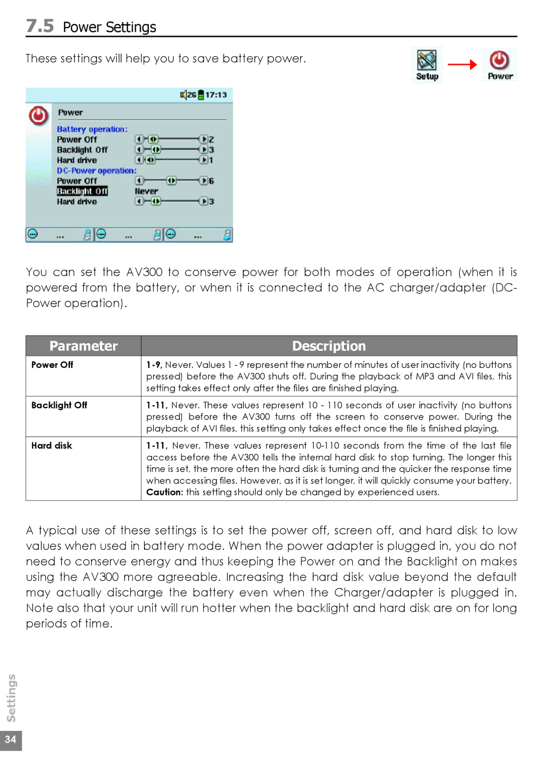 Archos AV380, AV320, AV340 user manual Power Settings, Power Off 