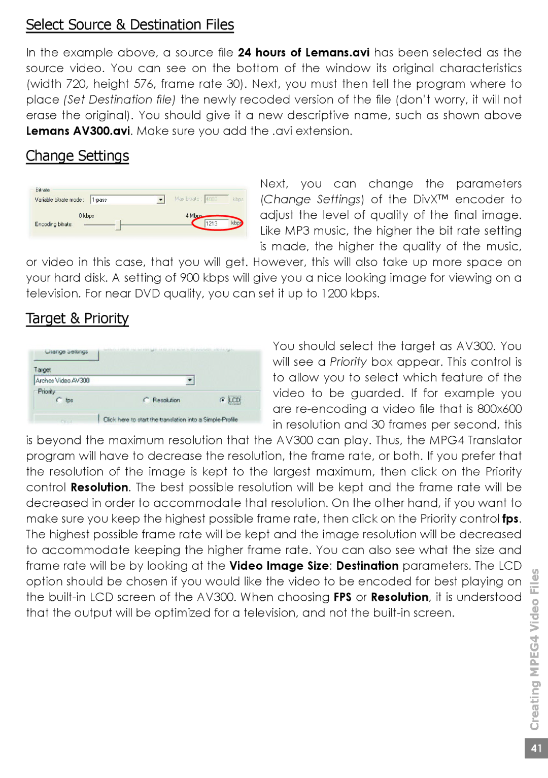 Archos AV340, AV320, AV380 user manual Select Source & Destination Files, Change Settings, Target & Priority 