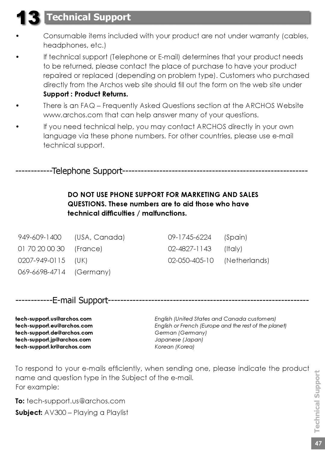 Archos AV340, AV320, AV380 user manual Technical Support, Telephone Support, Mail Support 