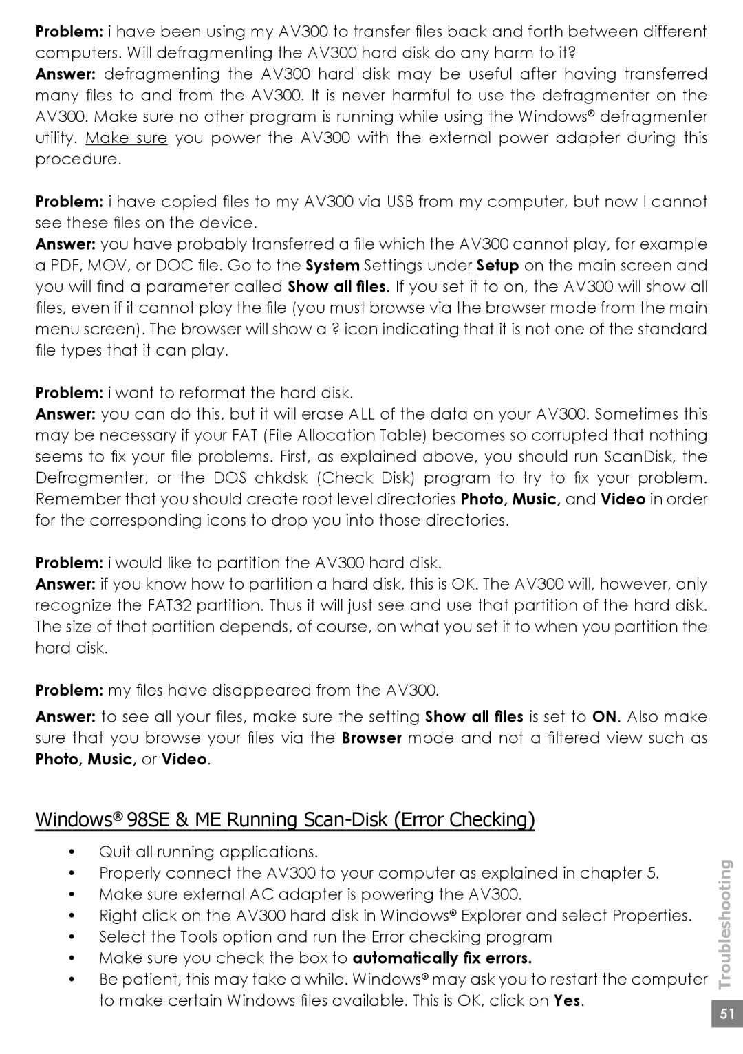 Archos AV320, AV380, AV340 user manual Windows 98SE & ME Running Scan-Disk Error Checking 