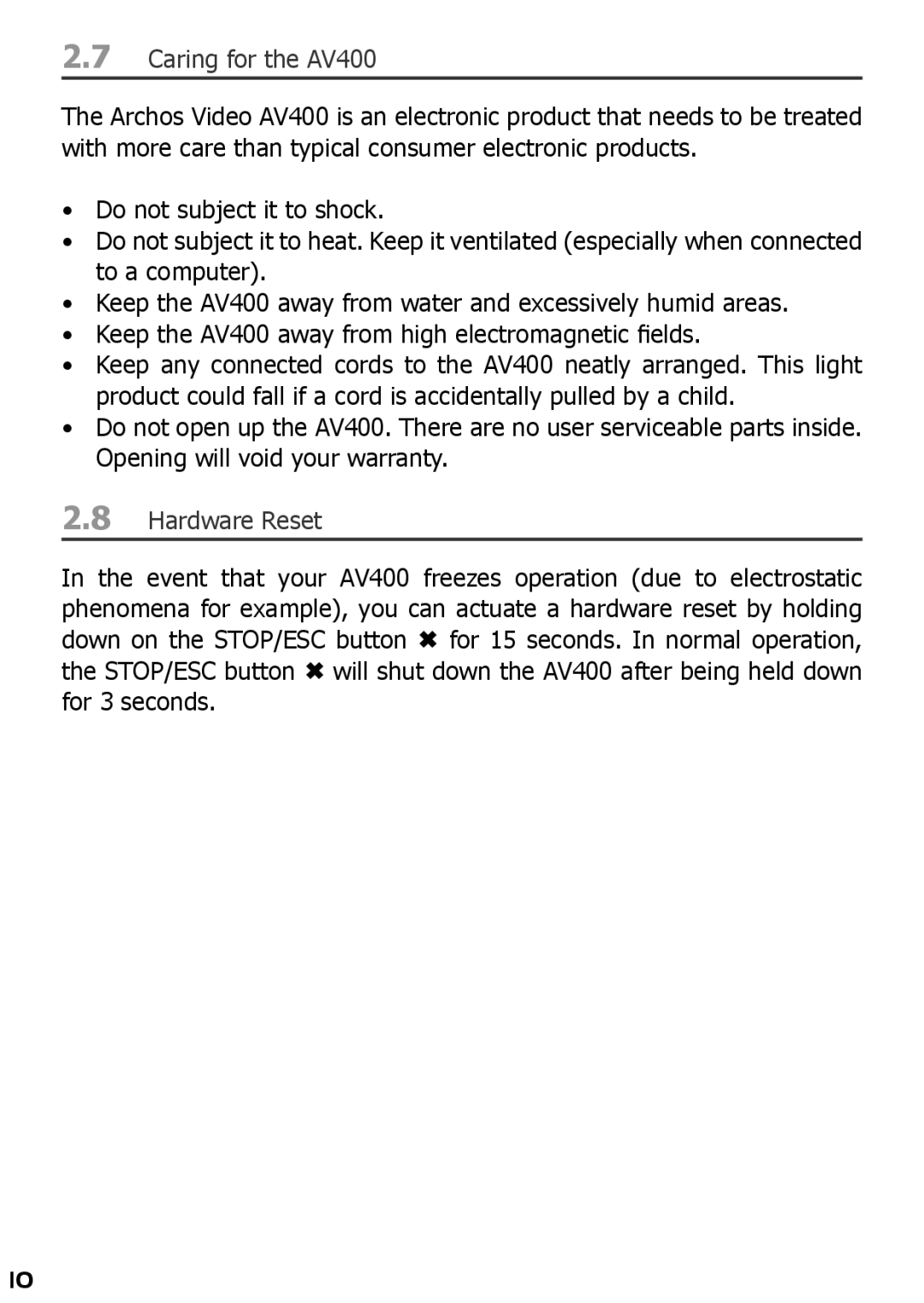 Archos AV420 user manual Caring for the AV400, Hardware Reset 