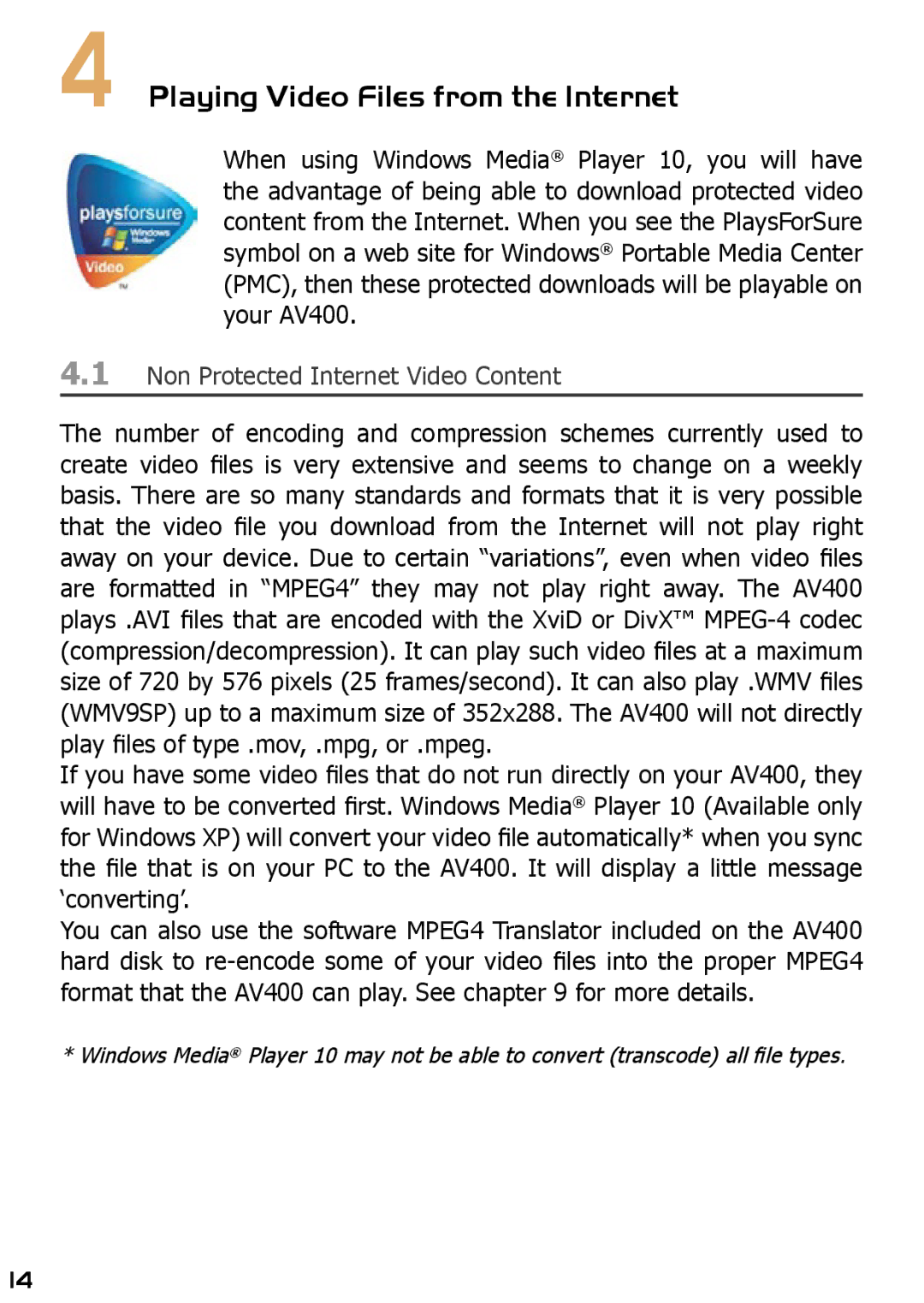 Archos AV420 user manual Playing Video Files from the Internet, Non Protected Internet Video Content 