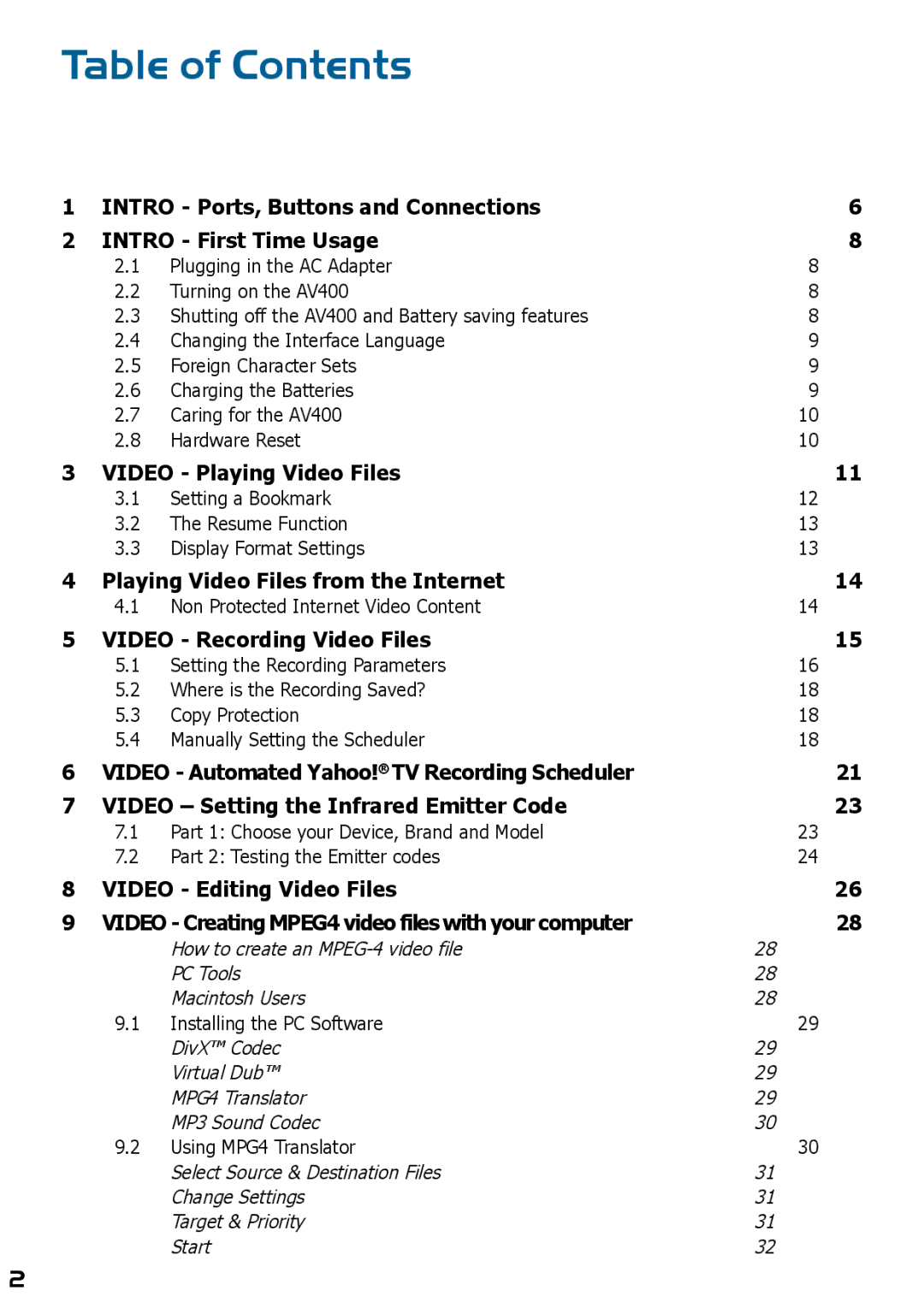 Archos AV420 user manual Table of Contents 