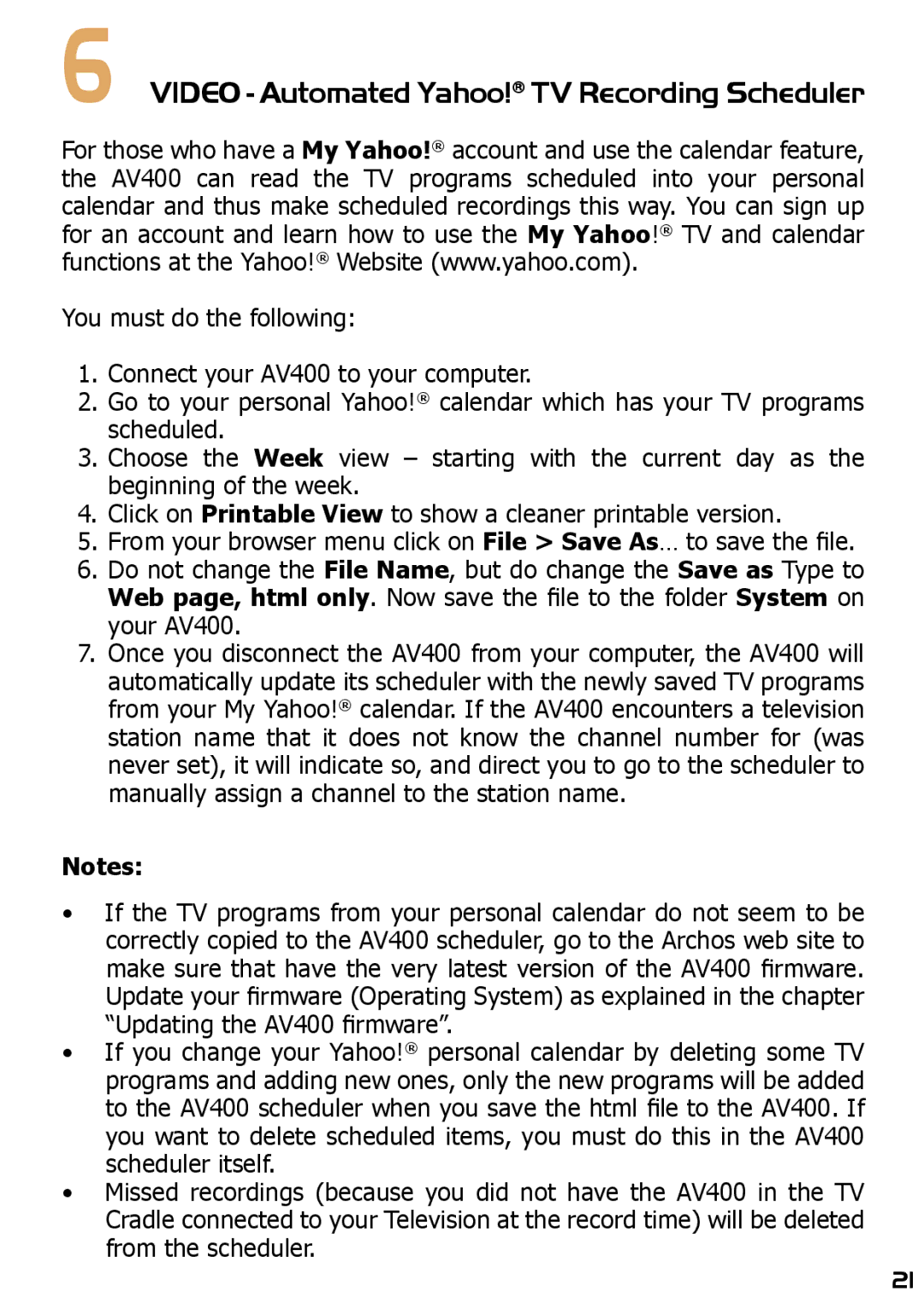 Archos AV420 user manual Video Automated Yahoo! TV Recording Scheduler 