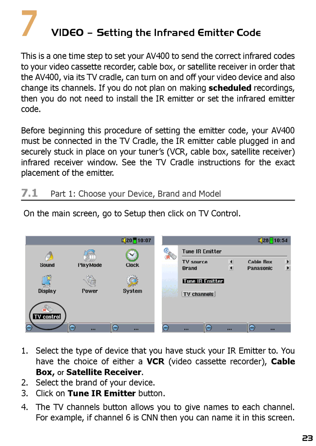 Archos AV420 user manual Video Setting the Infrared Emitter Code, Part 1 Choose your Device, Brand and Model 