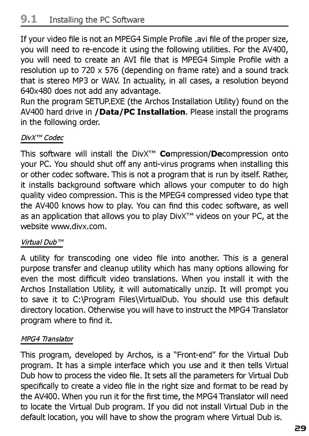 Archos AV420 user manual Installing the PC Software 