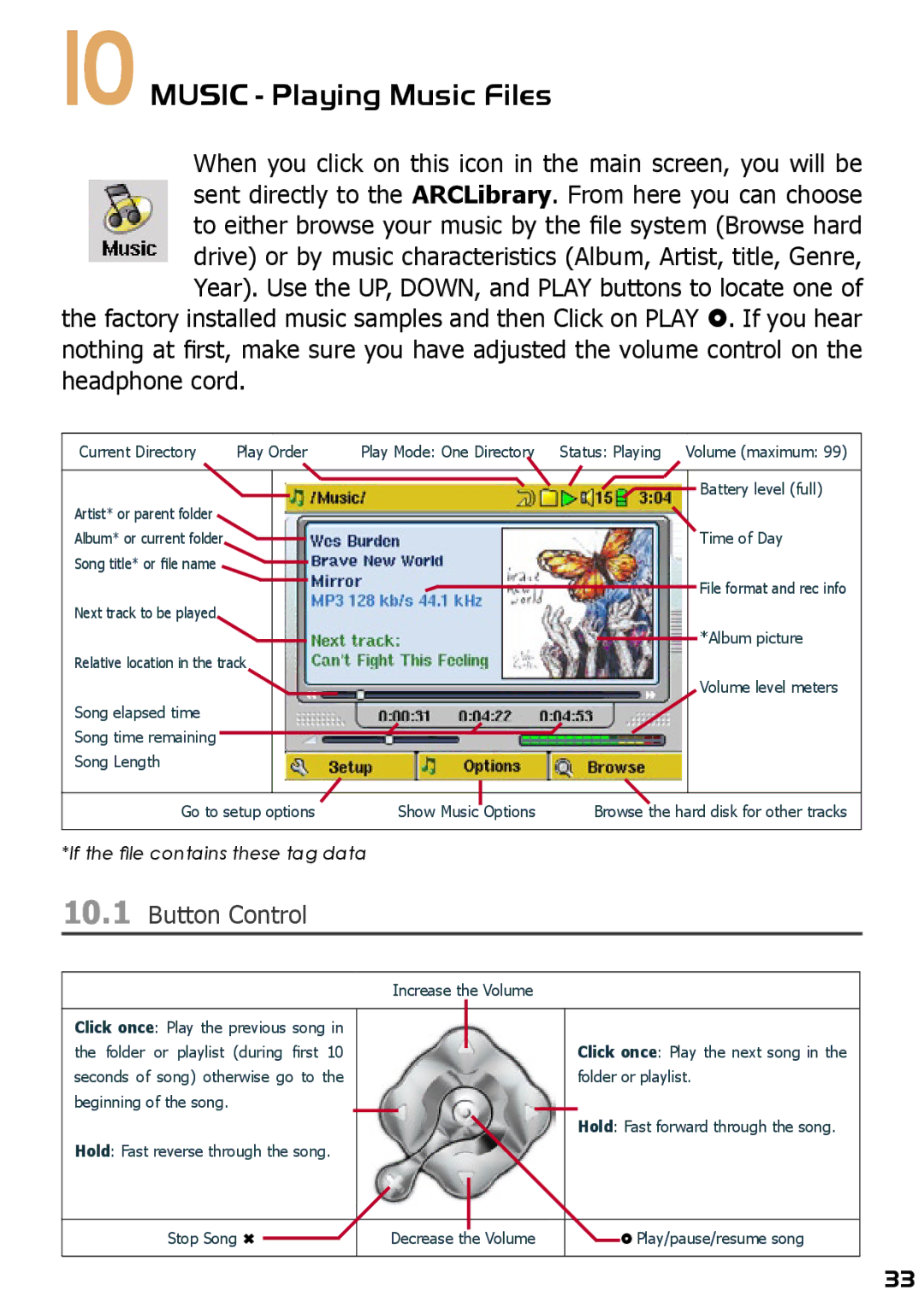 Archos AV420 user manual Music Playing Music Files, Button Control 