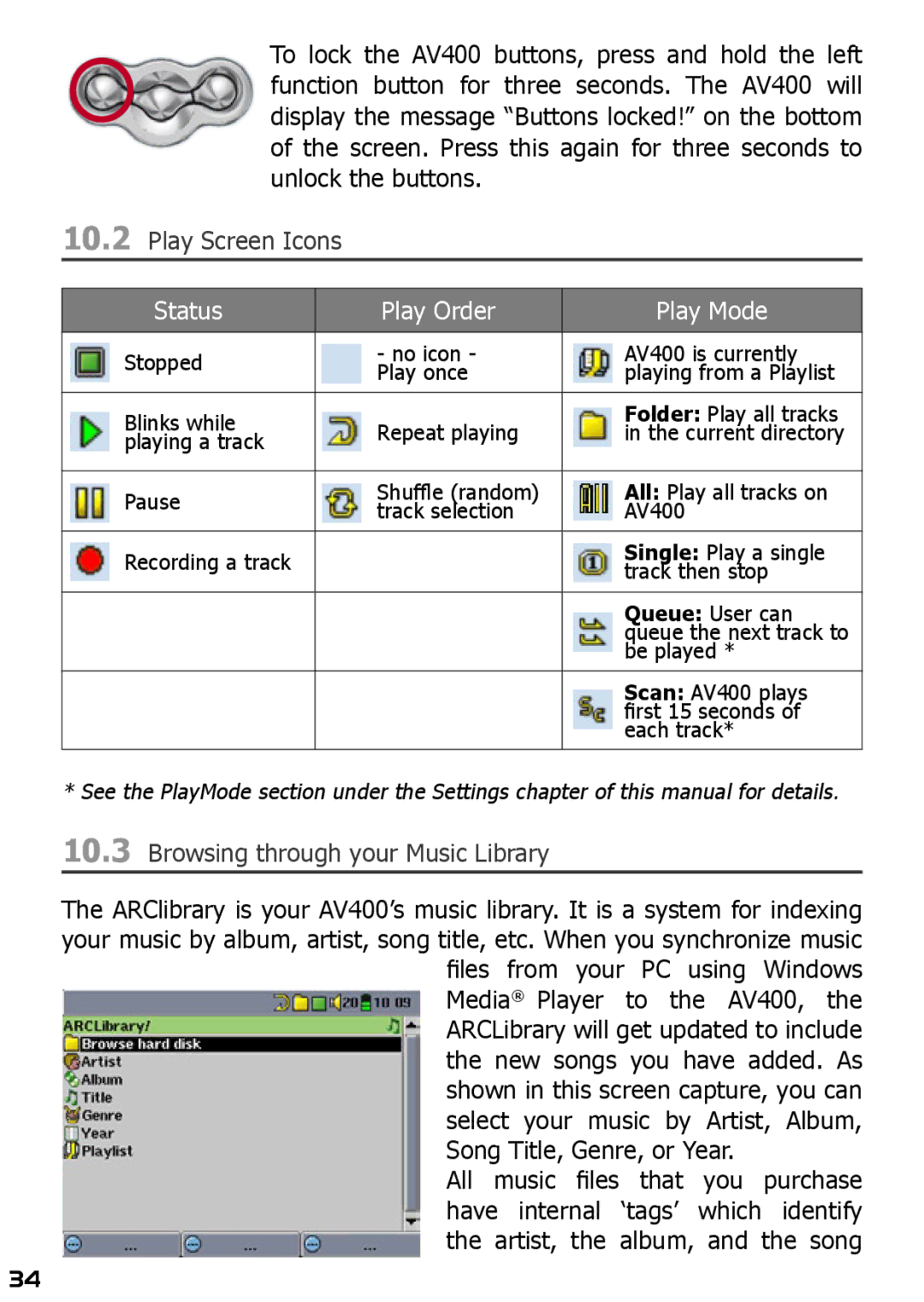 Archos AV420 user manual Play Screen Icons, Browsing through your Music Library 