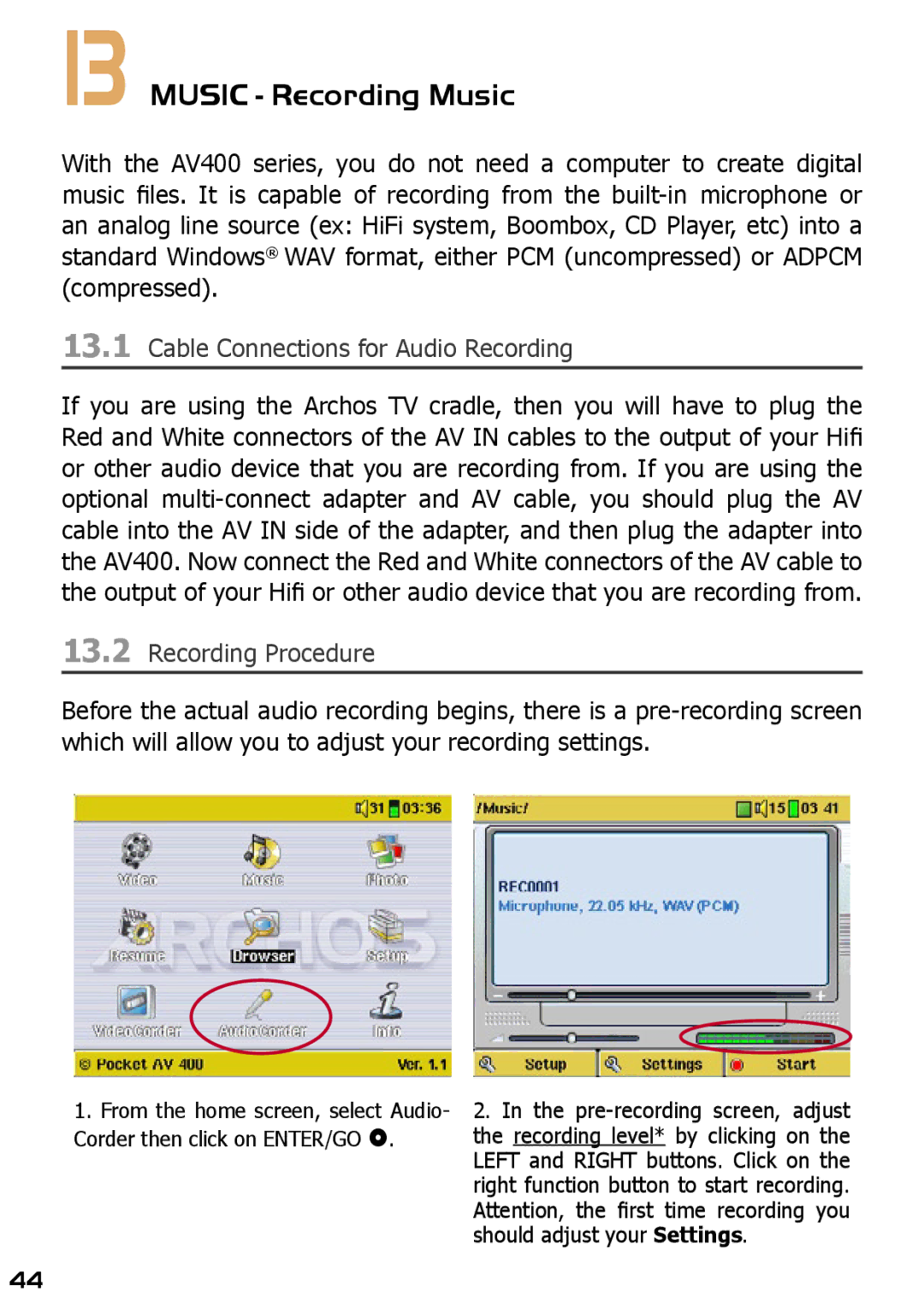 Archos AV420 user manual Music Recording Music, Cable Connections for Audio Recording, Recording Procedure 