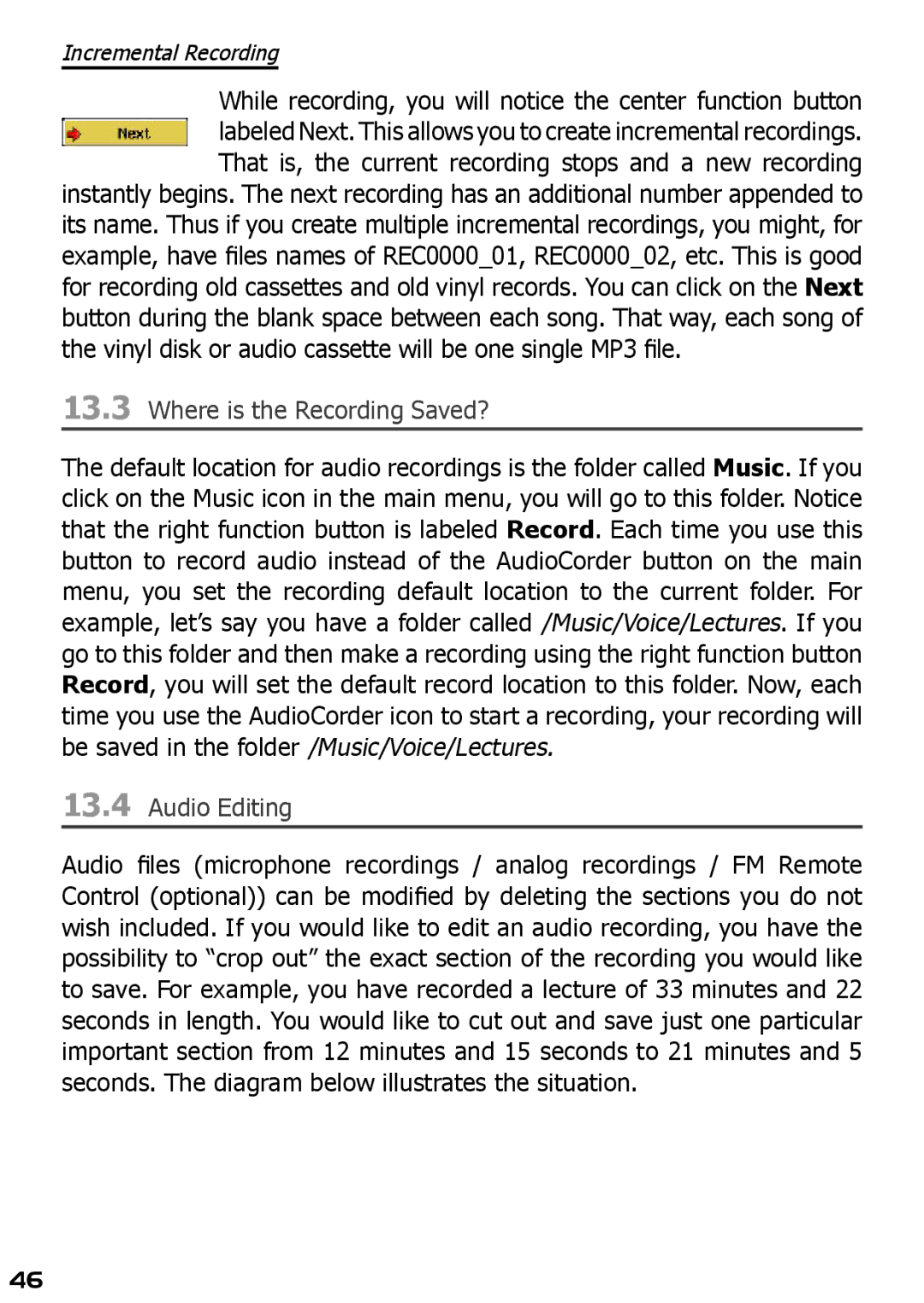 Archos AV420 user manual Audio Editing, Incremental Recording 