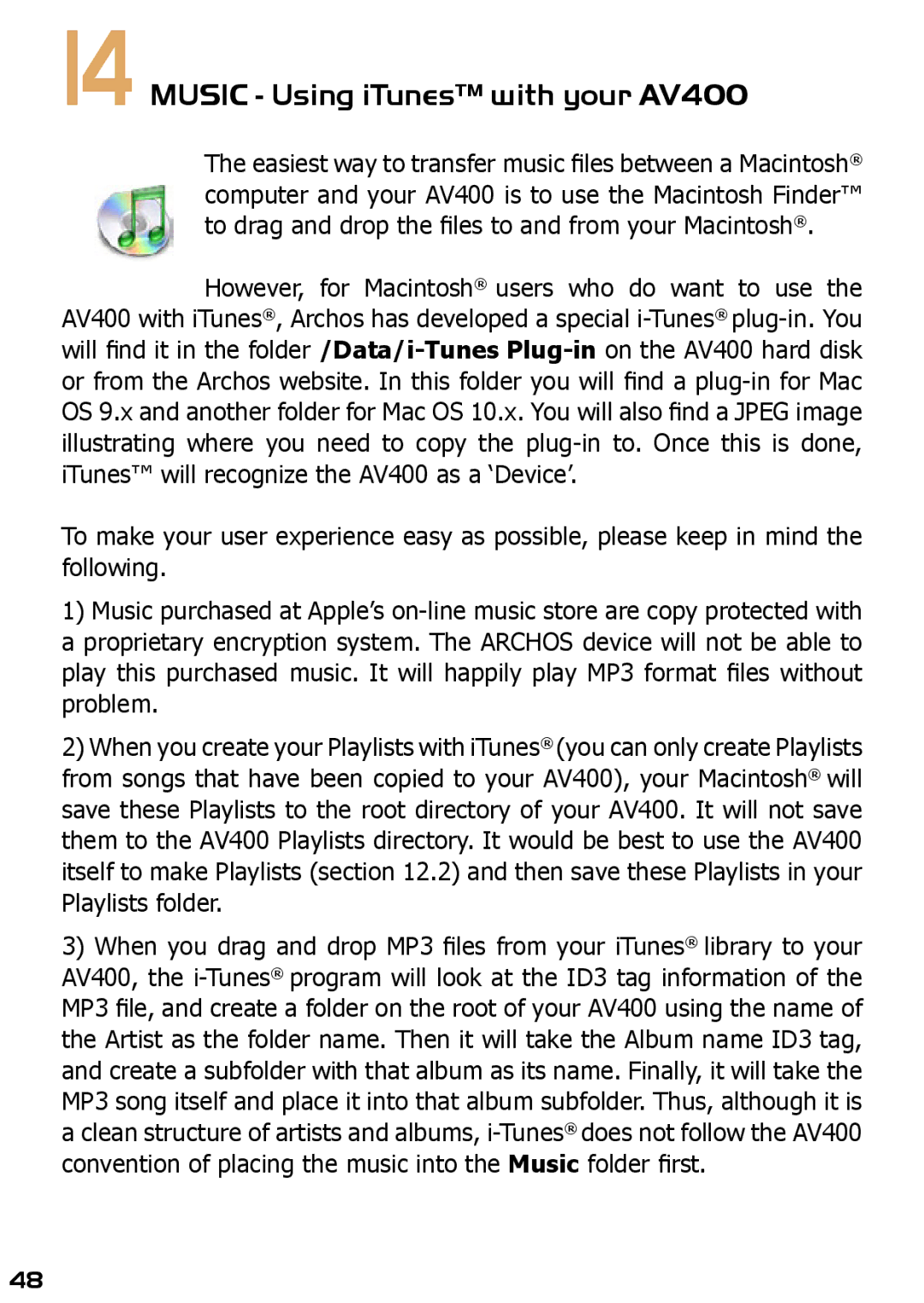 Archos AV420 user manual Music Using iTunes with your AV400 
