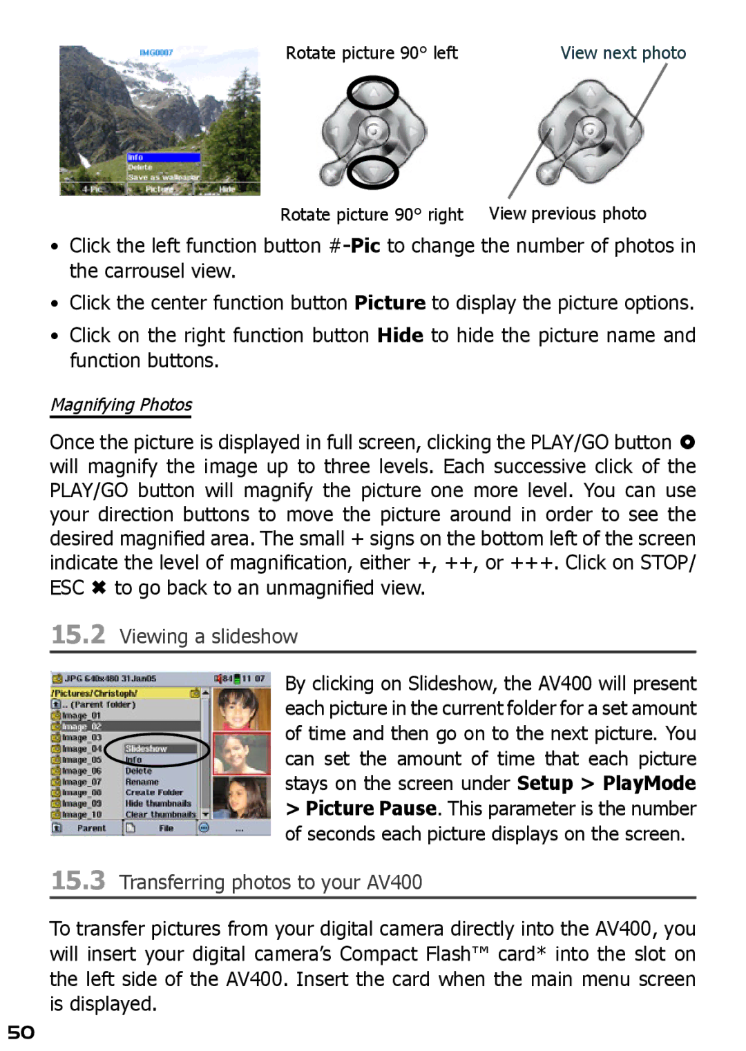 Archos AV420 user manual Viewing a slideshow, Transferring photos to your AV400 