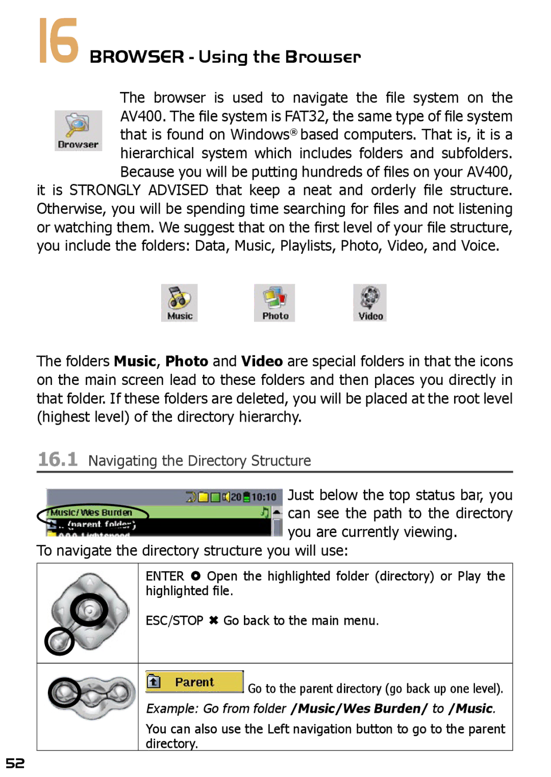 Archos AV420 user manual Browser Using the Browser, Navigating the Directory Structure 