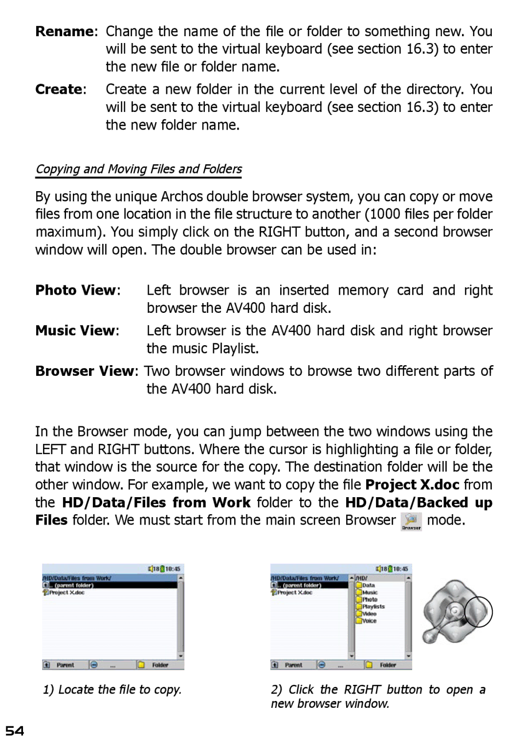 Archos AV420 user manual Copying and Moving Files and Folders 