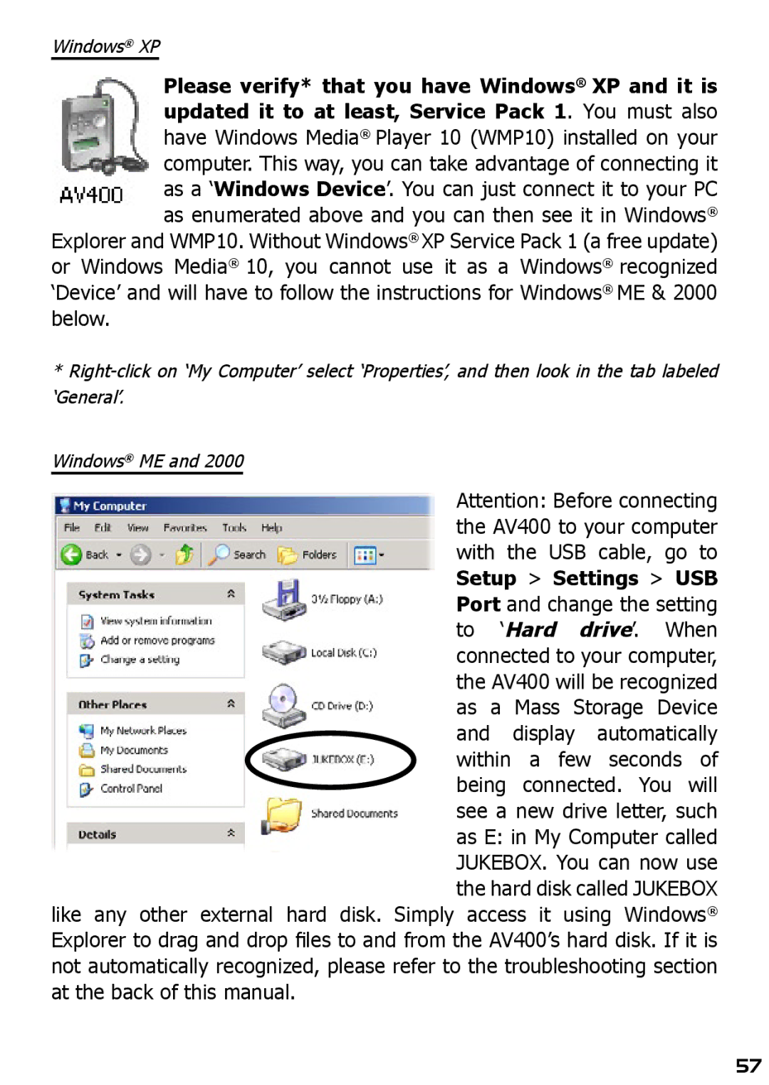 Archos AV420 user manual Windows XP 