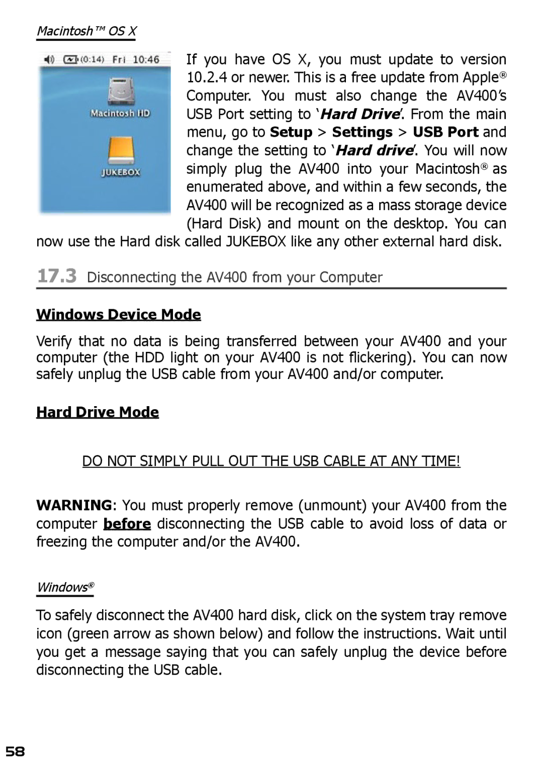 Archos AV420 user manual If you have OS X, you must update to version, Disconnecting the AV400 from your Computer 