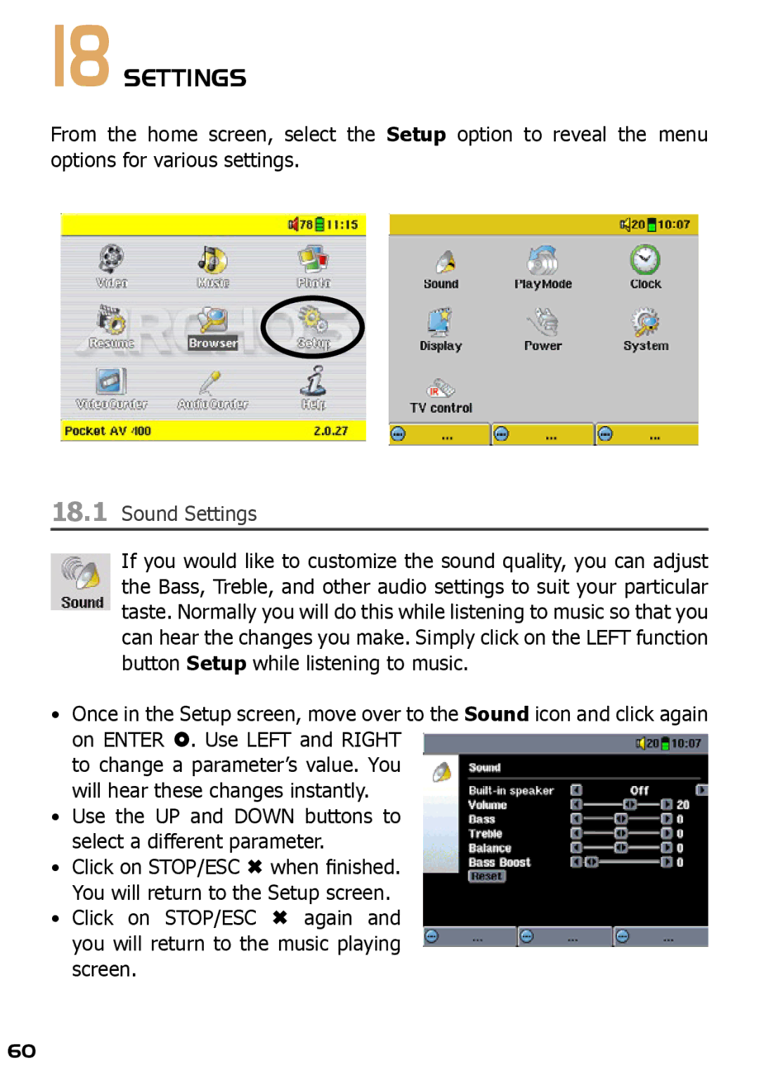 Archos AV420 user manual Sound Settings 