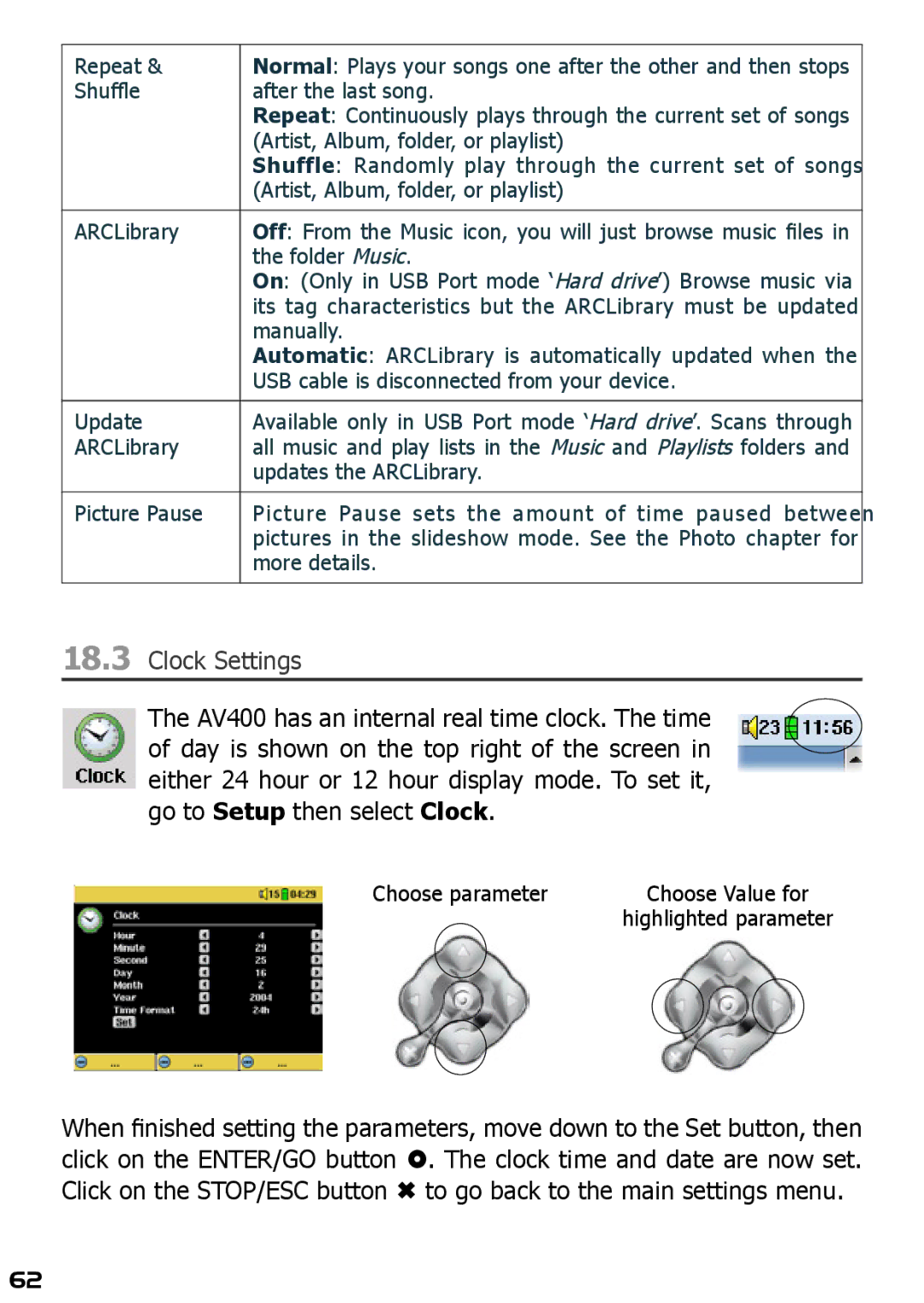 Archos AV420 user manual Clock Settings 